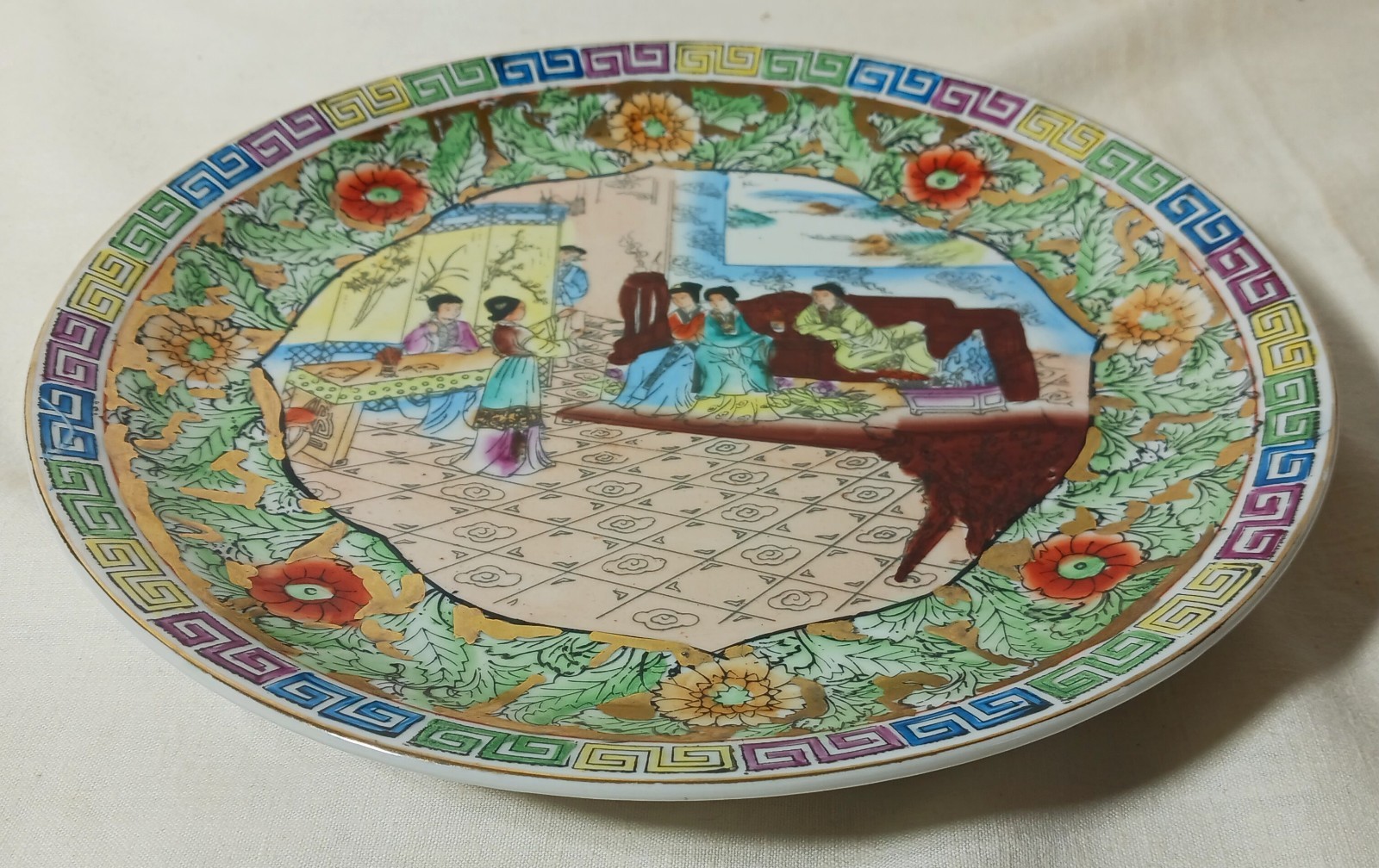 Vintage 10″ GEISHA Floral Plate Zhongguo Zhi Zao Porcelain Hand-painted China