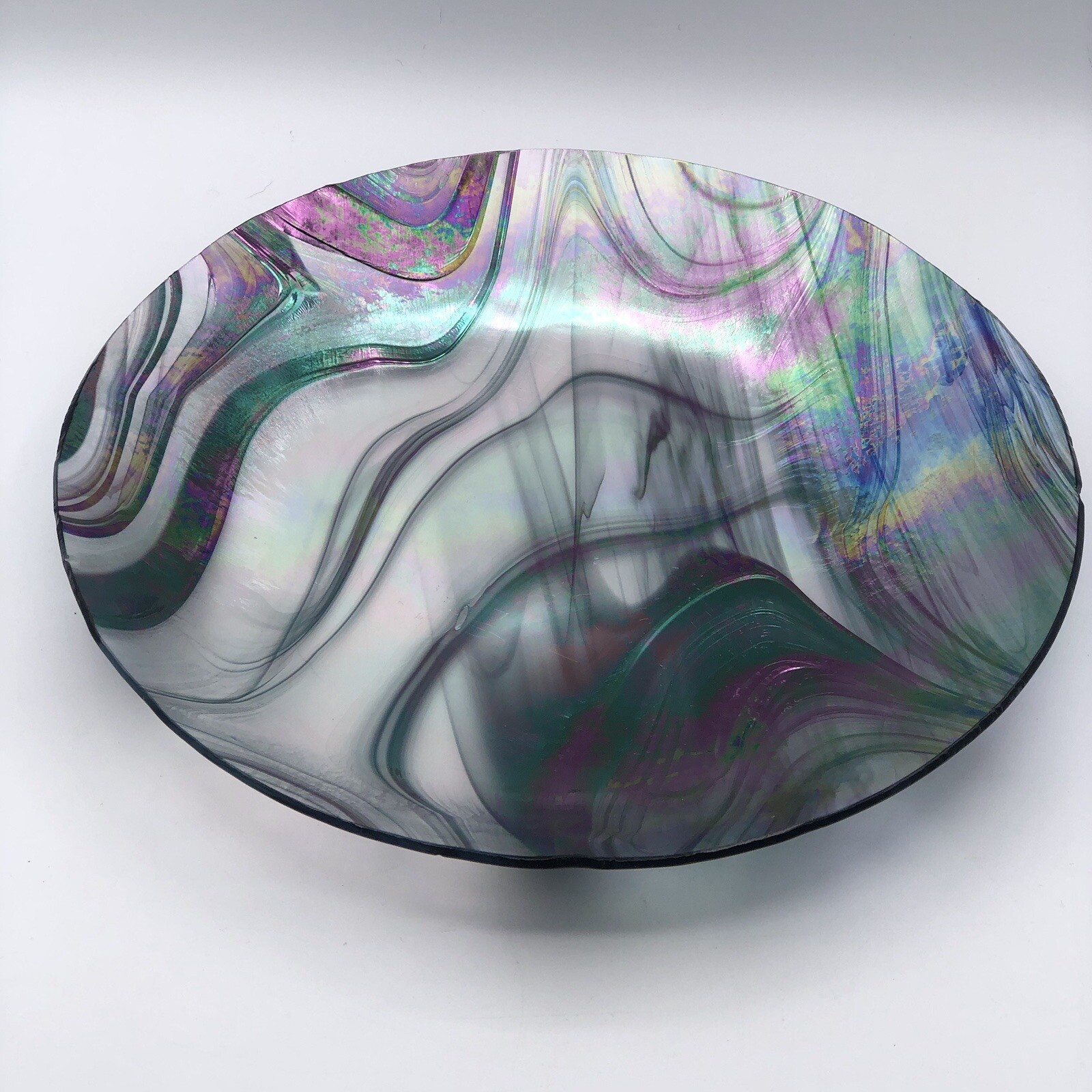 Iridescent Opalescent (Oil Slick) Glass Charger/Platter With Silver Metal Stand