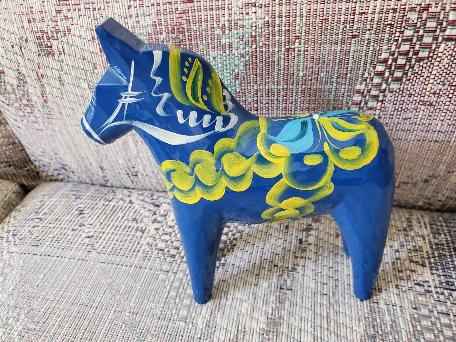 Swedish dala horse 6 inches vintage wooden blue yellow and white Sweden