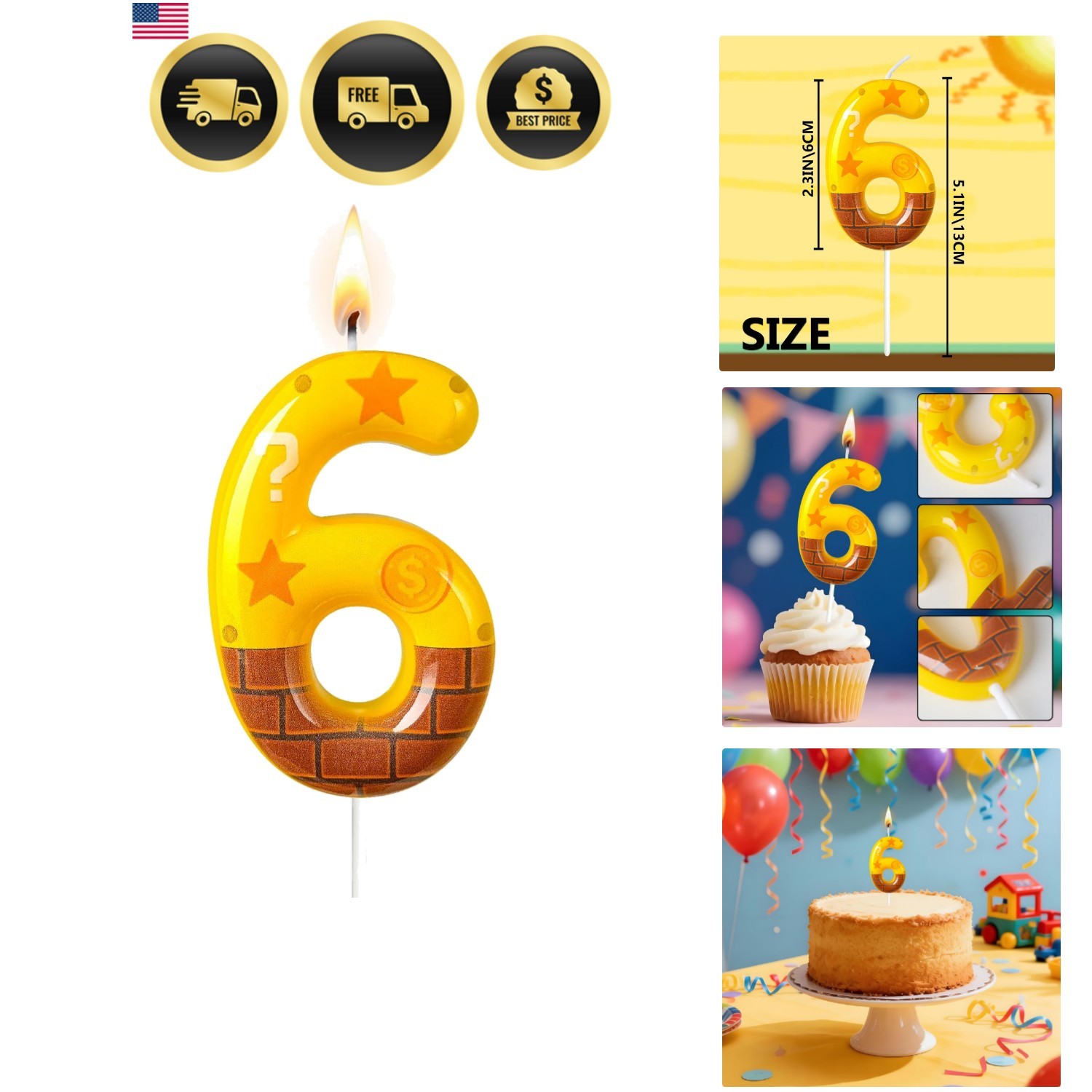 Retro Gaming Coin Block Themed Number 6 Birthday Candle – Nostalgic Game Styl…