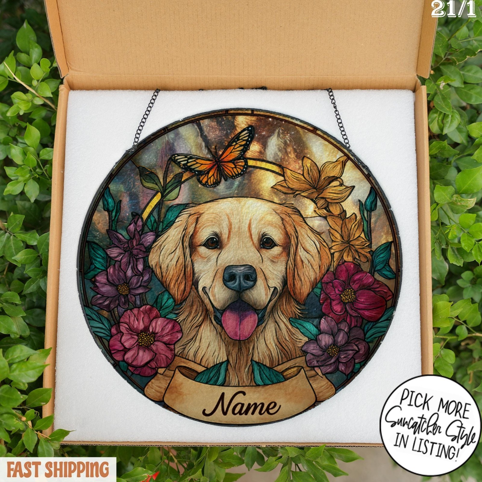 Personalized Dog Portrait Glass Suncatcher, Custom Pet Memorial Stained Glass