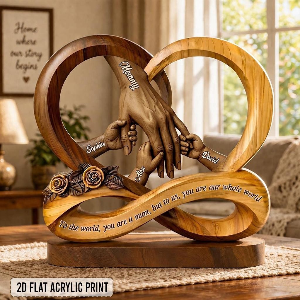 Personalized Faux Wood Mom Holds Kids’ Hands Infinity Acrylic Block