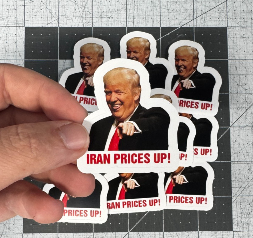 Trump “Iran Prices Up!” Sticker 10 Pack Funny Political Gas Meme Decal 2″
