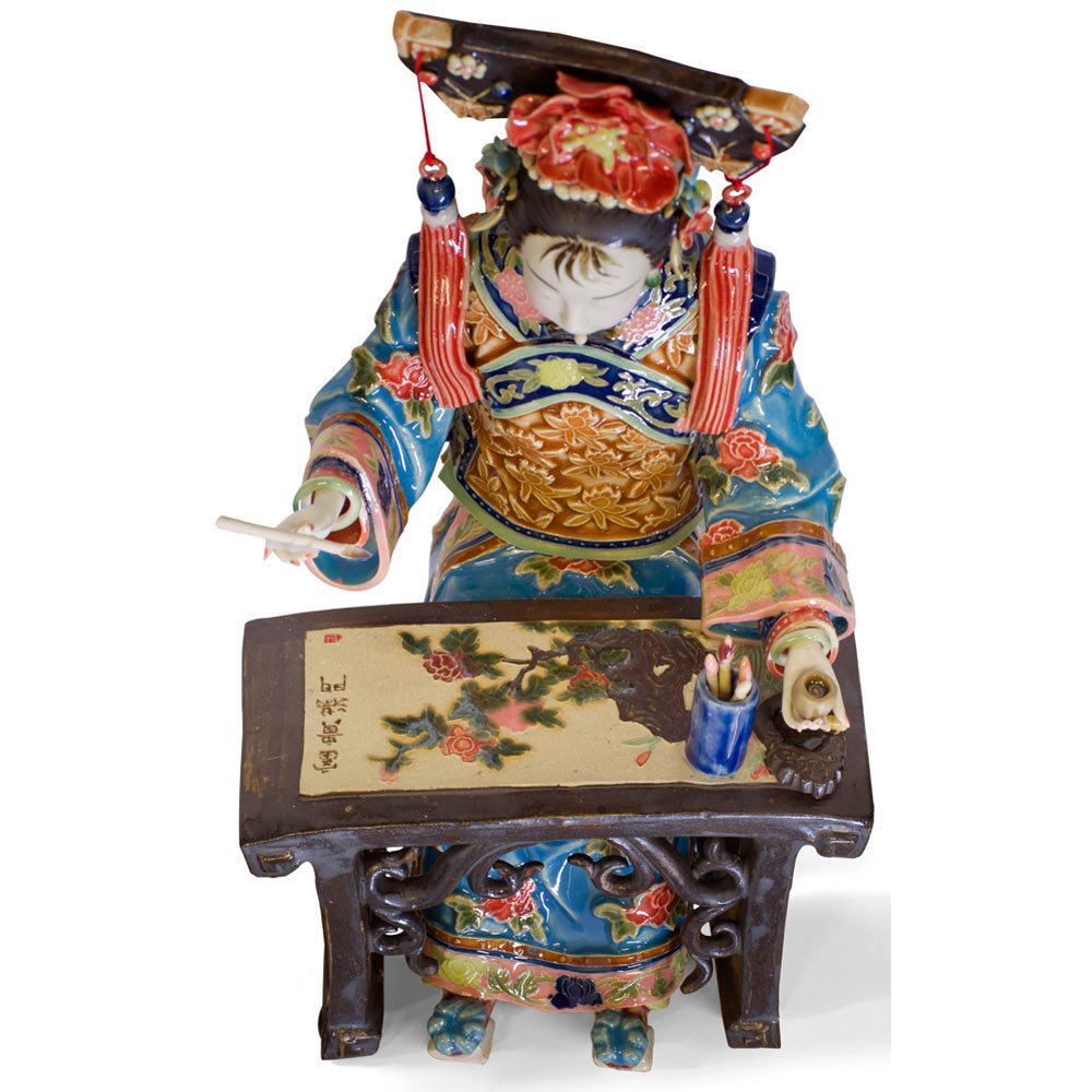 US Seller – Chinese Porcelain Figurine, Lady Painting Calligraphy