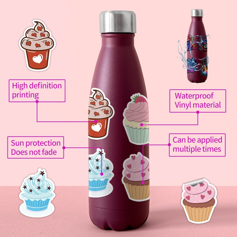 50pcs Waterproof Vinyl Stickers Cupcake Birthday Party Luggage Phone Laptop Car