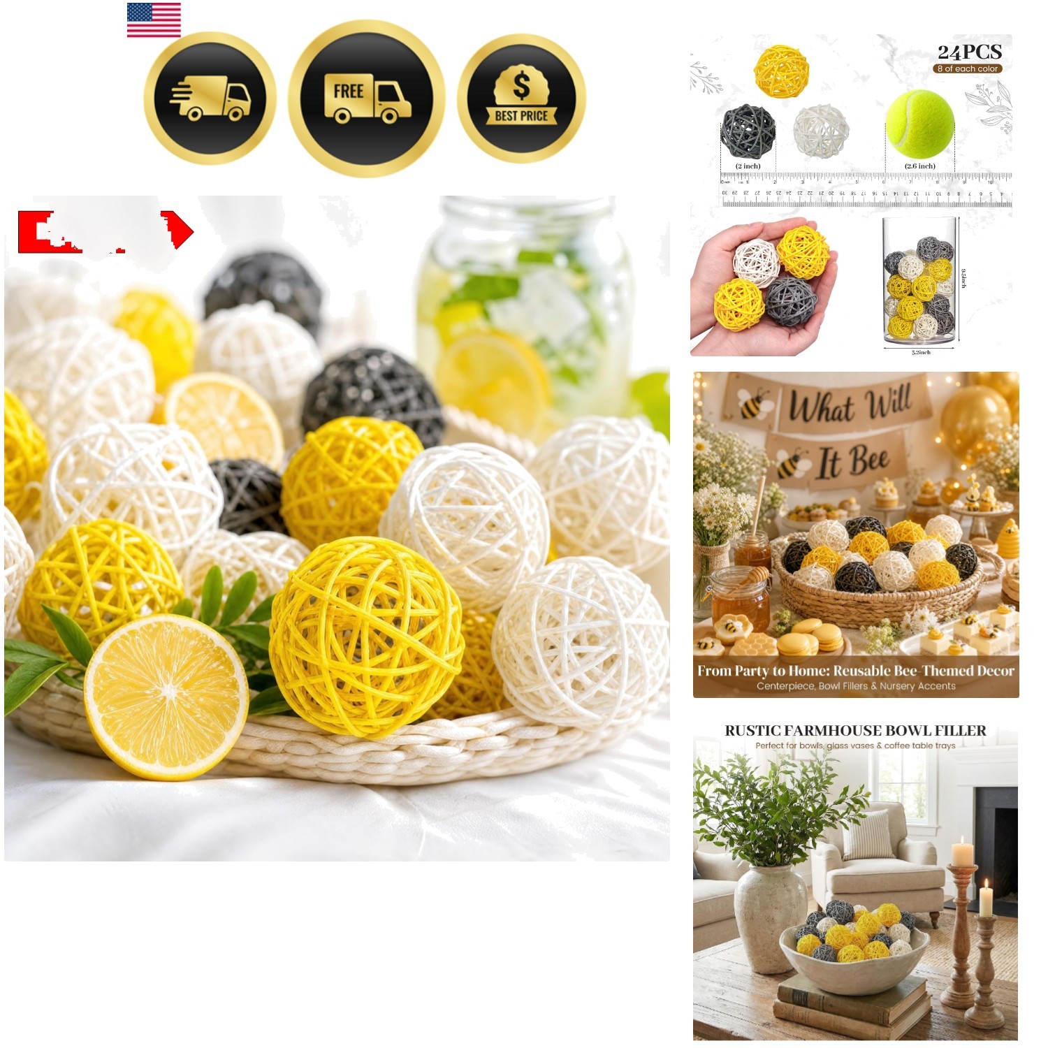 24PCS Yellow Decorative Balls for Bowl Centerpiece, 2 Inch Rattan Bowl Filler…