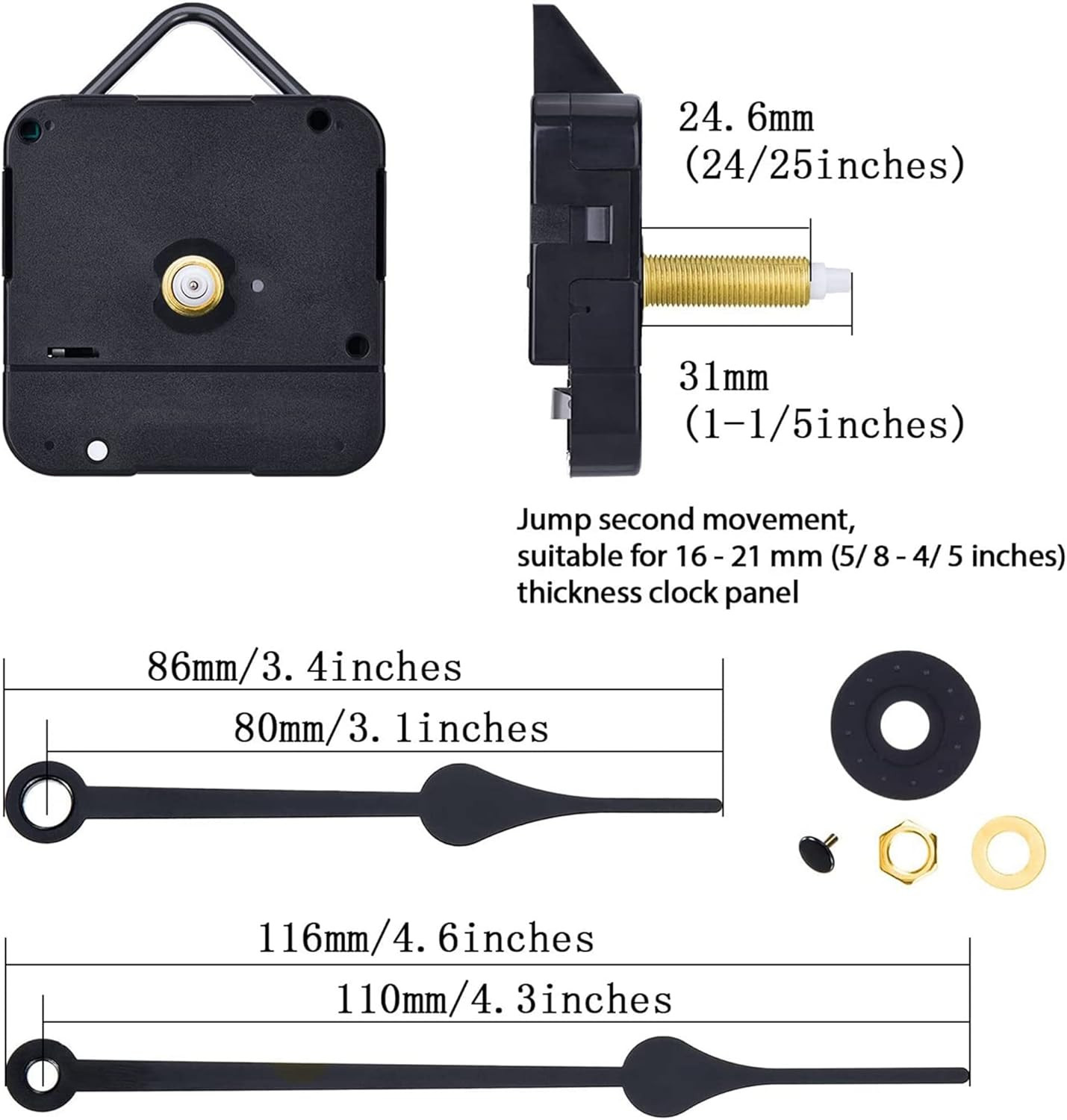 Long Shaft Clock Movement, 4/5 Inch Maximum Dial Thickness, 1-1/5 Inch Total Sha