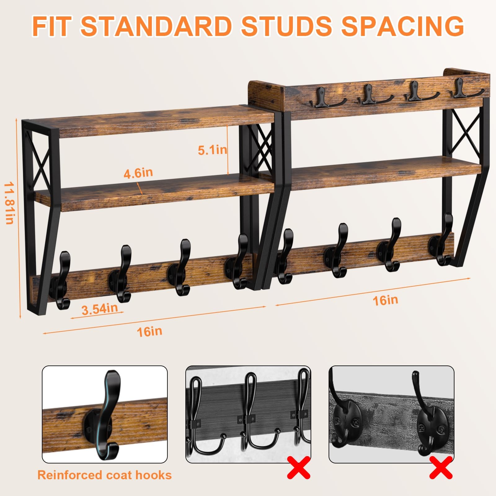 Upgraded 3Tier Large Coat Rack Wall Mount with Shelf, 4 in 1 Versatile Coat a…