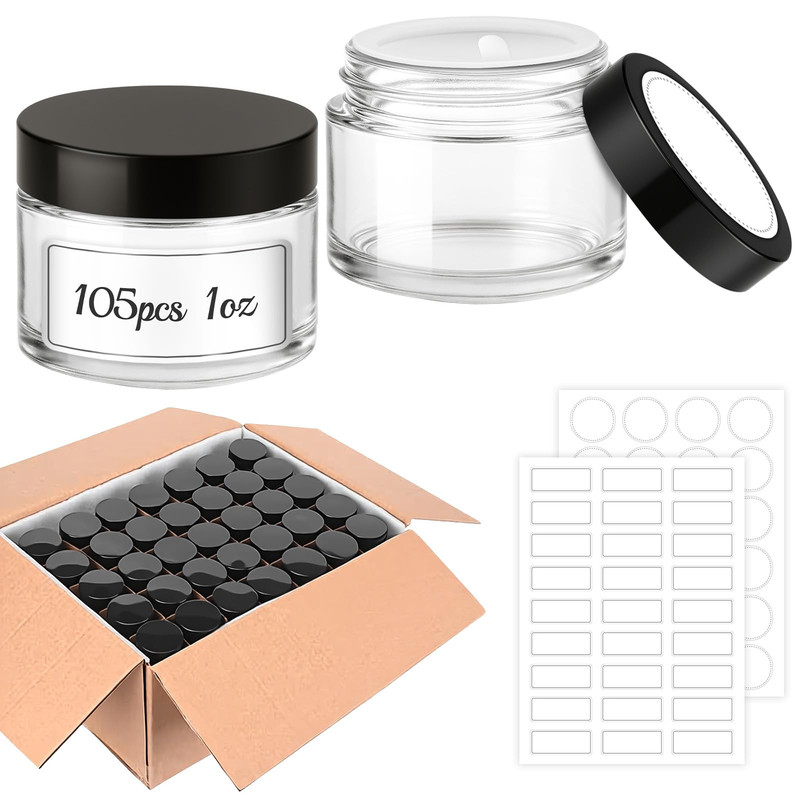 1 Oz Round Clear Glass Jars Bumobum 105 Pack Cream Jars Black Lids Black And