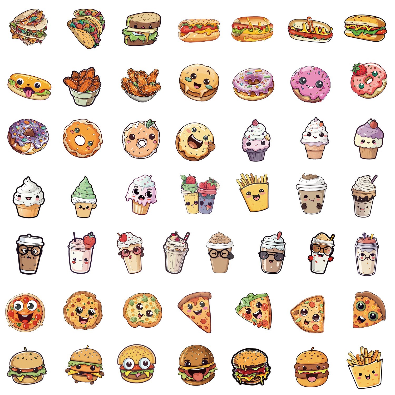 50pcs Waterproof Vinyl Stickers Donut Pizza Burger Luggage Phone Laptop Car