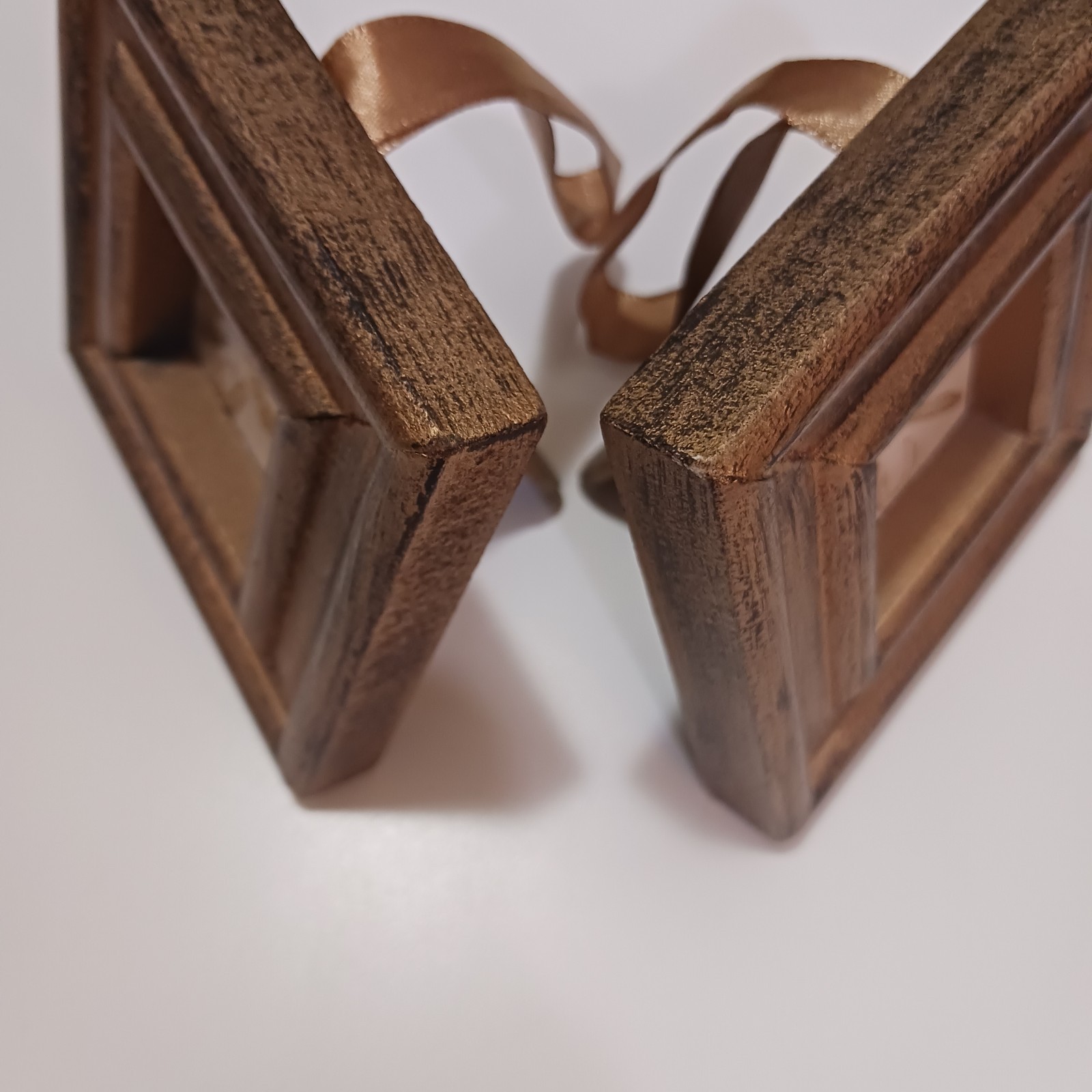 Set of 2 Distressed Gold/Brown Wood Square Photo Frames 1.5×1.5 Easel Ribbon