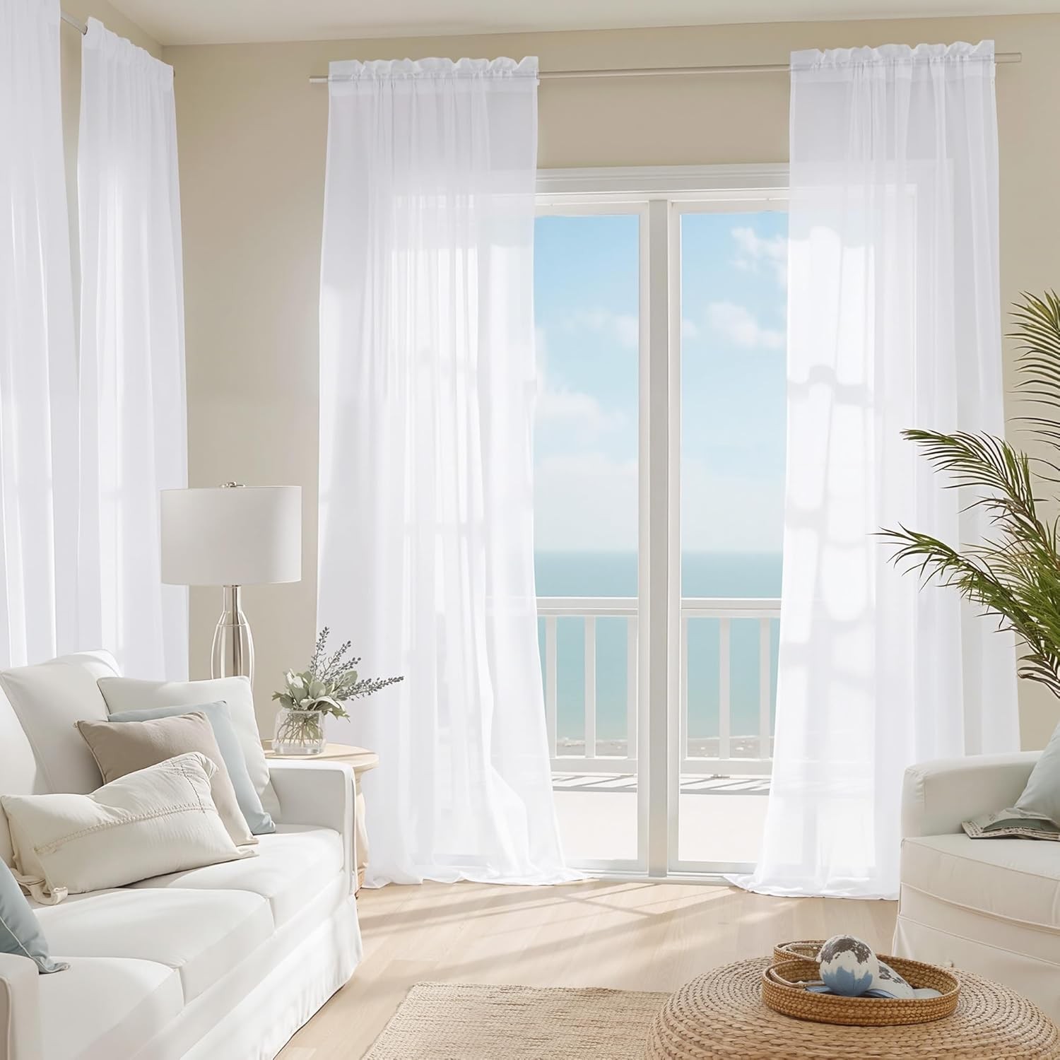 White Sheer Curtains 108 inches Long 4 Panels, 42 inch Wide Rod Pocket Light