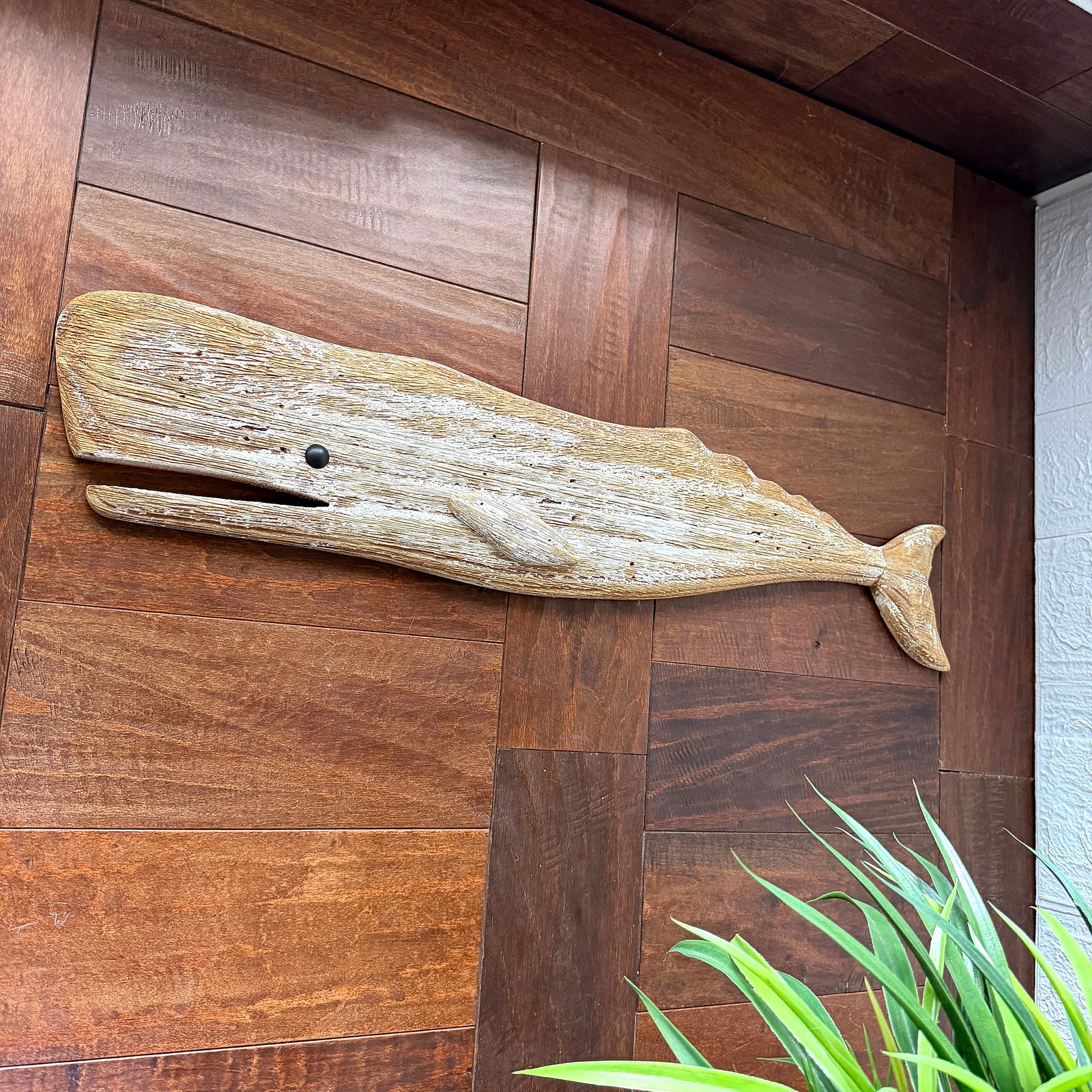 Wood Whale Wall Sculpture Coastal Whitewashed 29in Hanging Decor Art