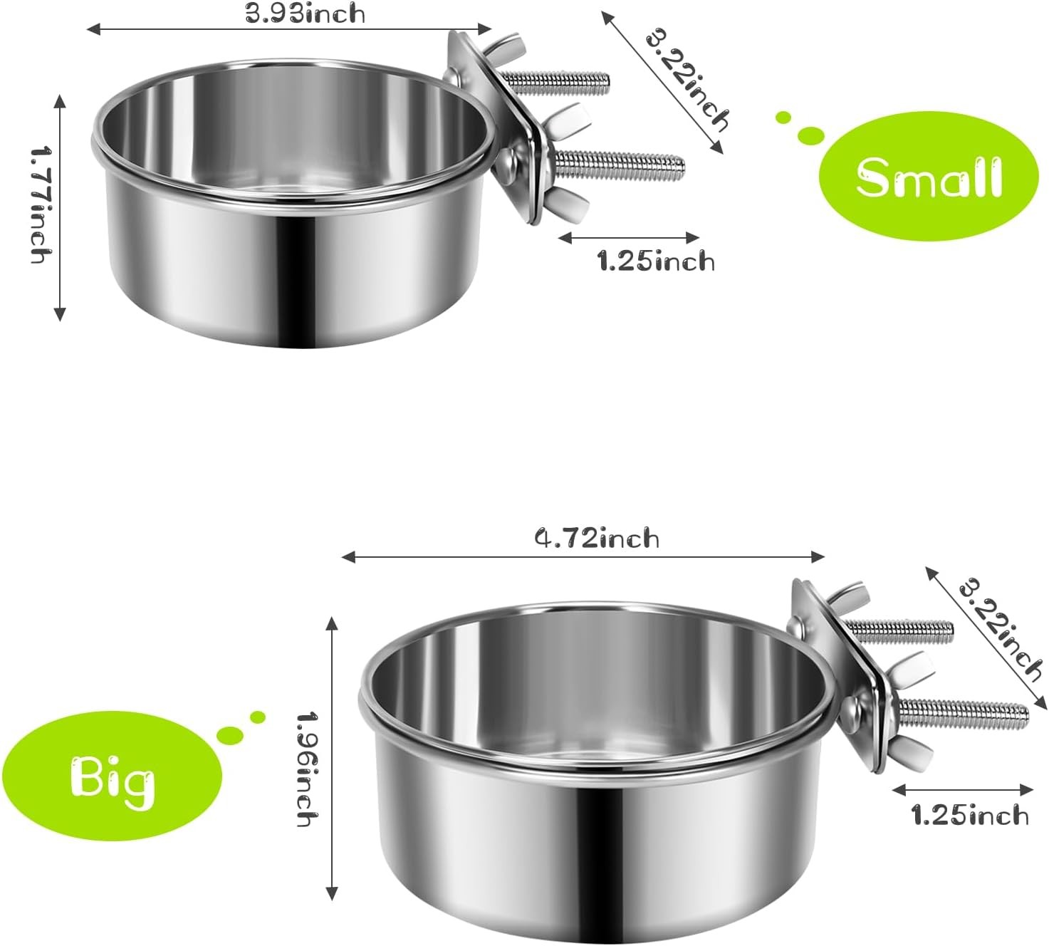 2 Pcs Small Pet Dog Food Water Bowl for Cage Stainless Steel Non-Spill Kennel Ha