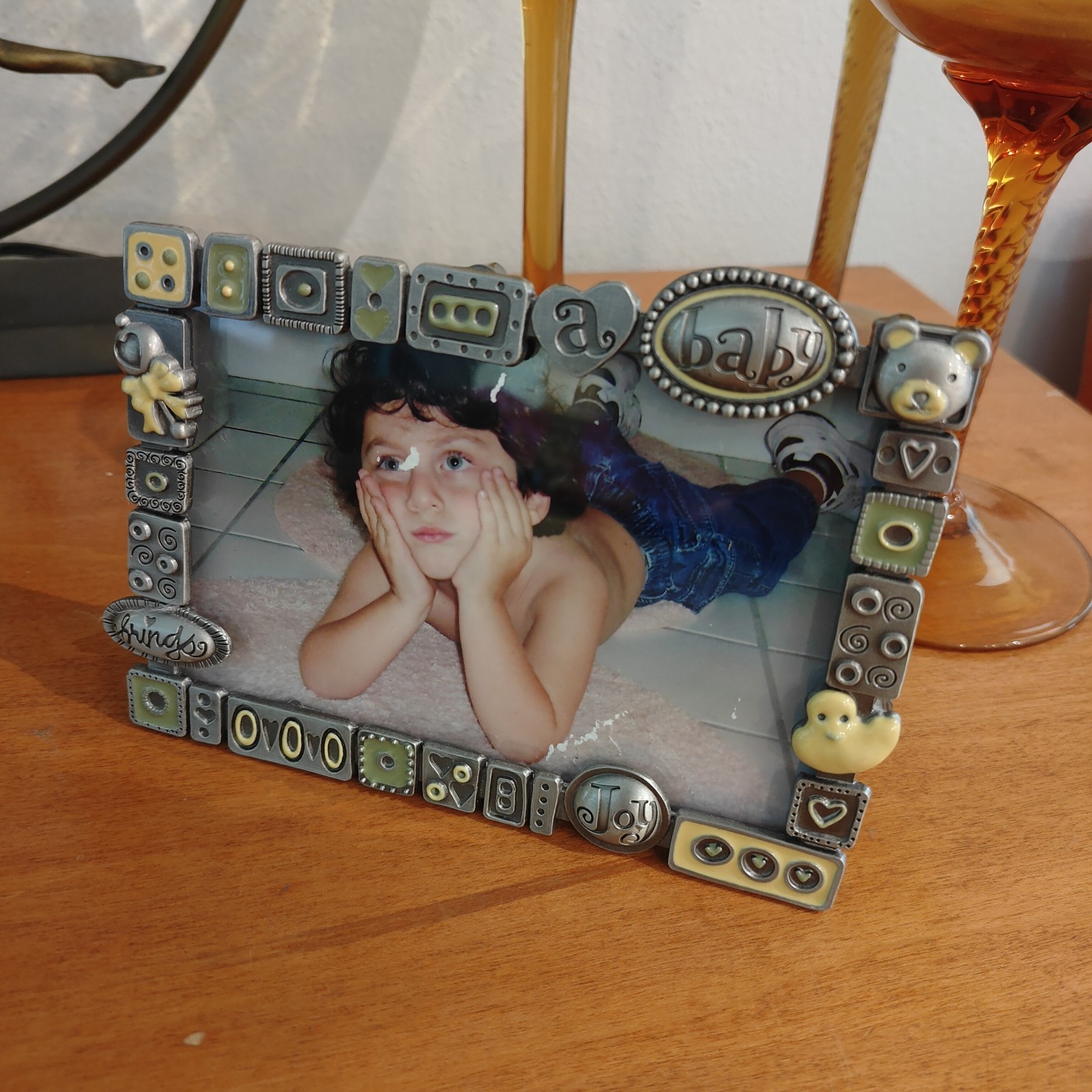 FETCO Pewter & Enamel ”Baby Brings Joy” Unisex Photo Frame 4×6 Baby Nursery