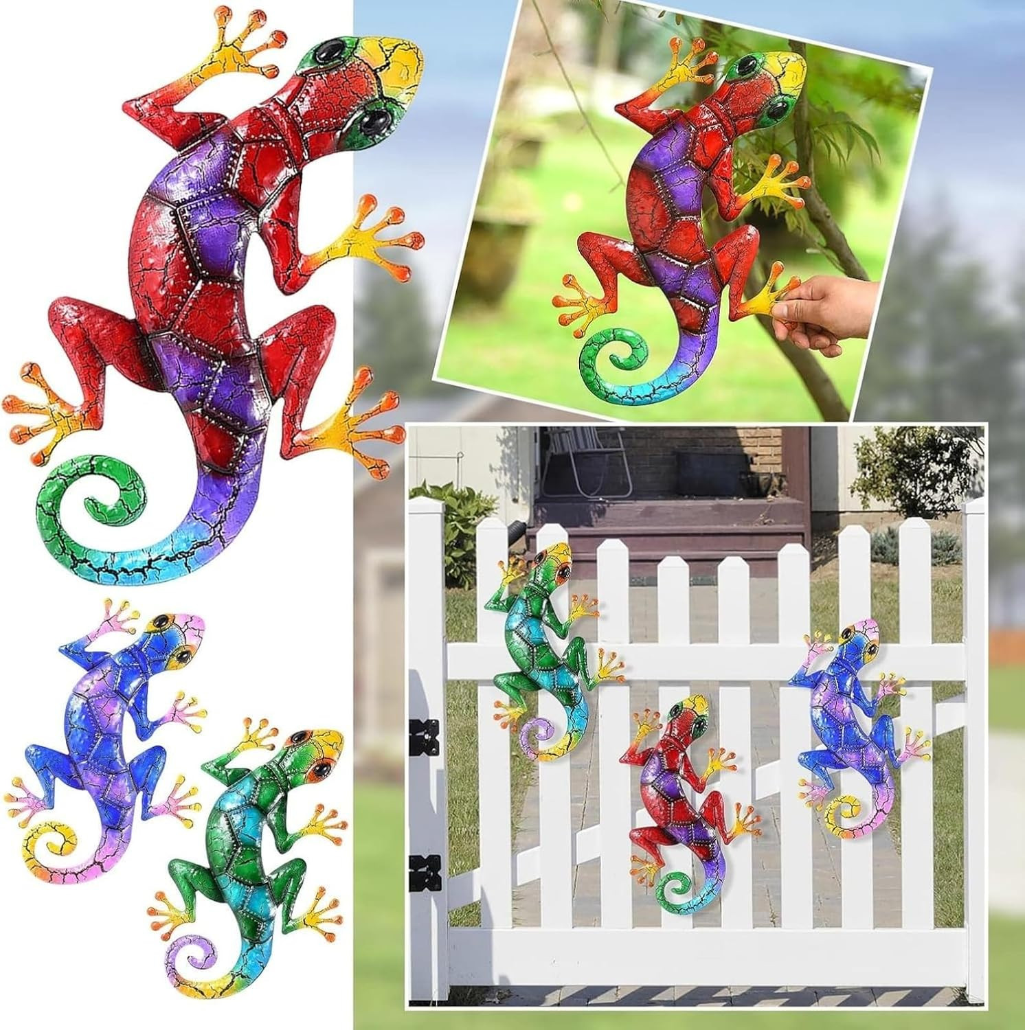 Metal Gecko Wall Decor,Outdoor Hanging Lizard Wall Art,Colorful Metal Lizards Wa