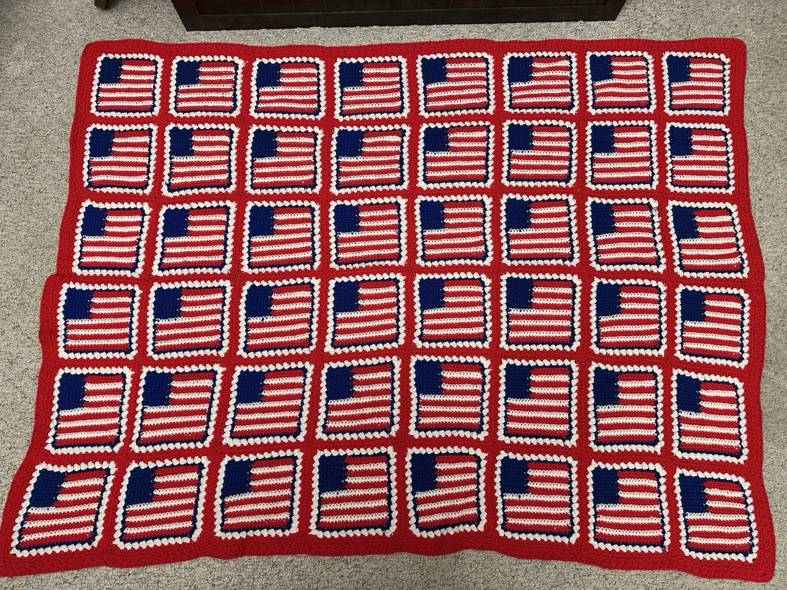 Vintage Handmade Afghan Crochet Blanket Quilt Granny Square American Flag Red