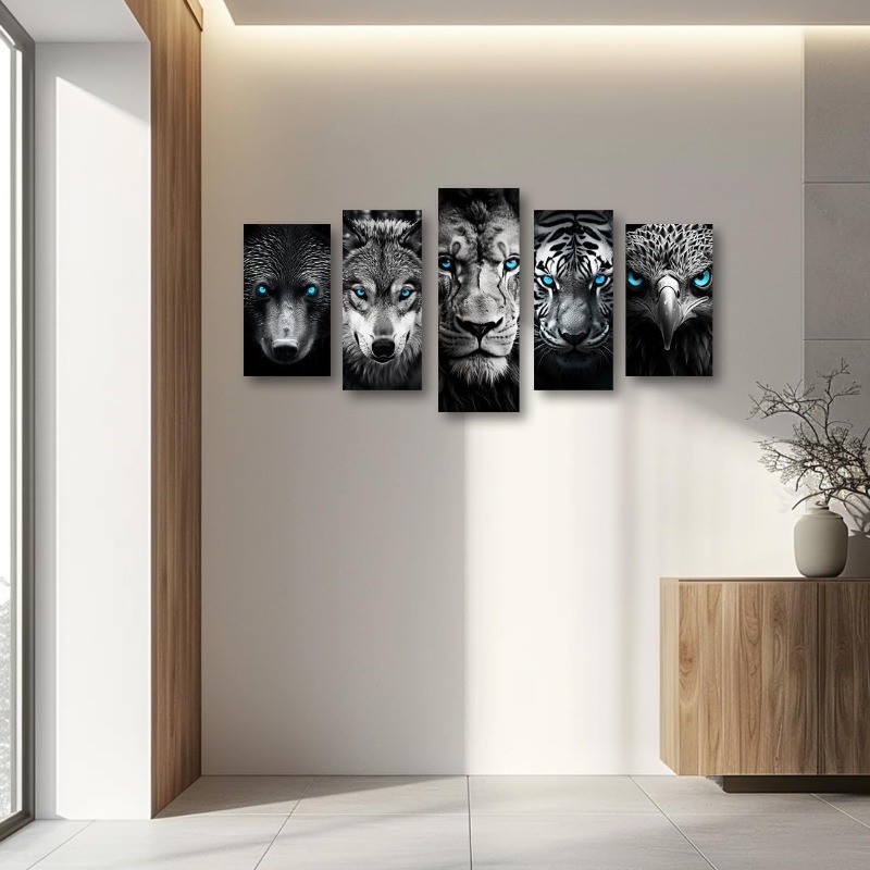 Black and White Animal Canvas Wall Art 5 Pieces Blue Eyes Eagle Bear Tiger Wolf