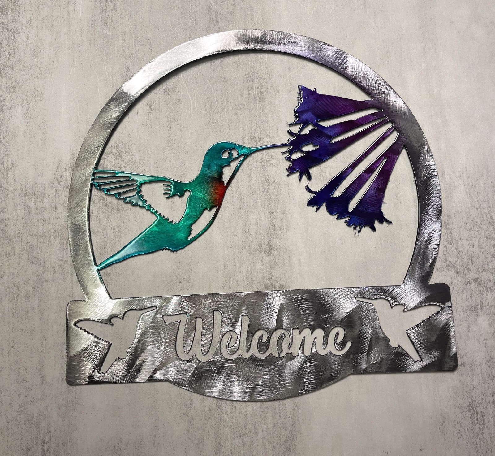 Hummingbird Welcome Sign Metal Wall Art Colored 12 3/4″ wide x 12 3/4″ tall