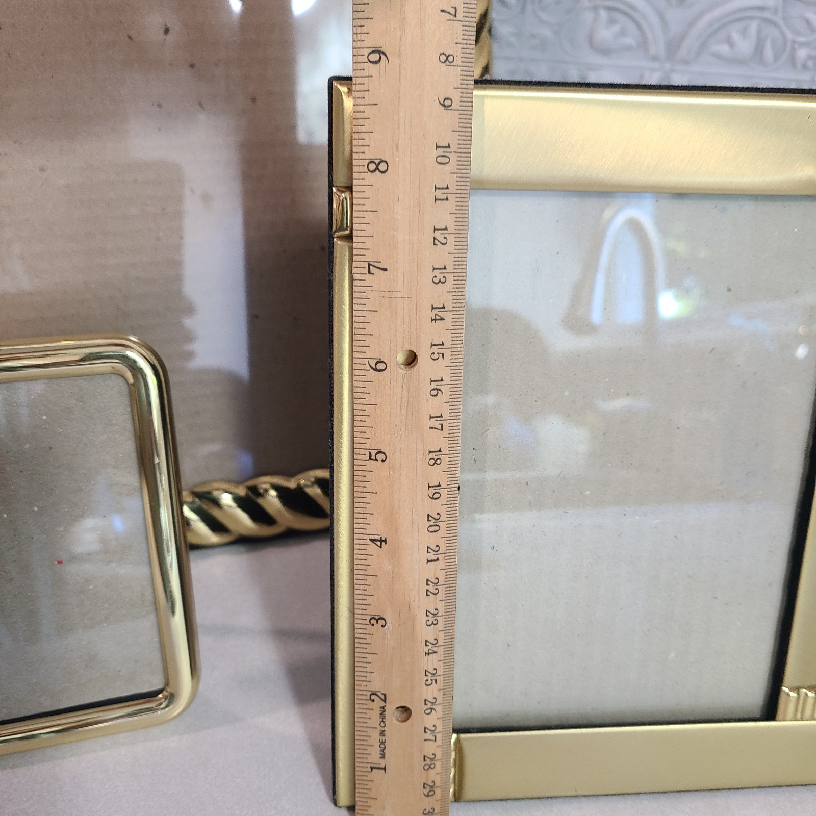 Set Of 3 Brass Picture Frames Standing Textured & Smooth Lg Med Sm Velvet Backs