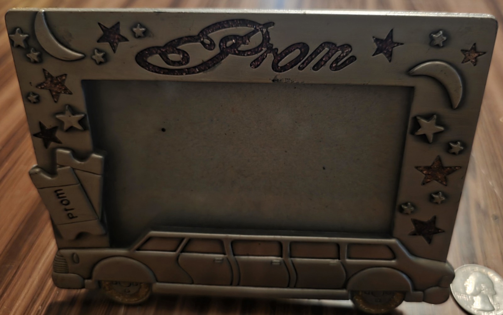 Prom. Picture Frame. Glittered. Shaped as Limousine. Silver Tone. 2.5 x 4 Inch