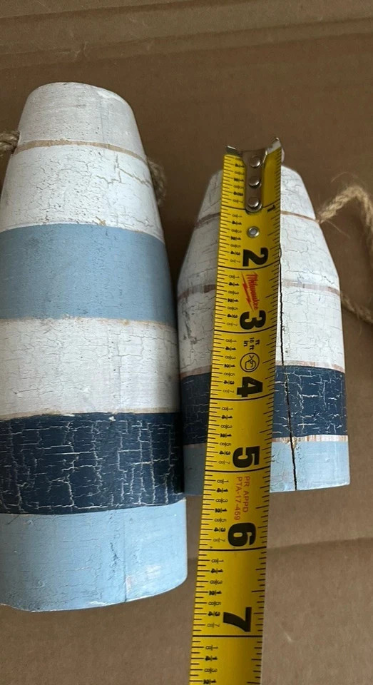 2 Vintage Ocean & Lake Blue Wooden Distressed Painted Lobster Trap Buoy Maine