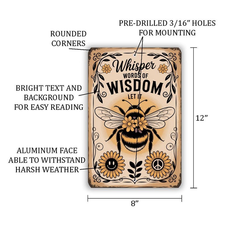Whisper Words Of Wisdom Tin Metal Signs– Vintage Bumblebee Wall Art With Sunflow