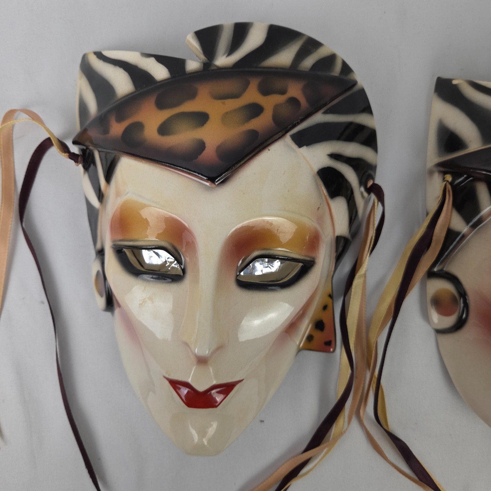 Two VTG 1987 About Face Clay Art San Francisco Ceramic Wall Masks Hand Painted