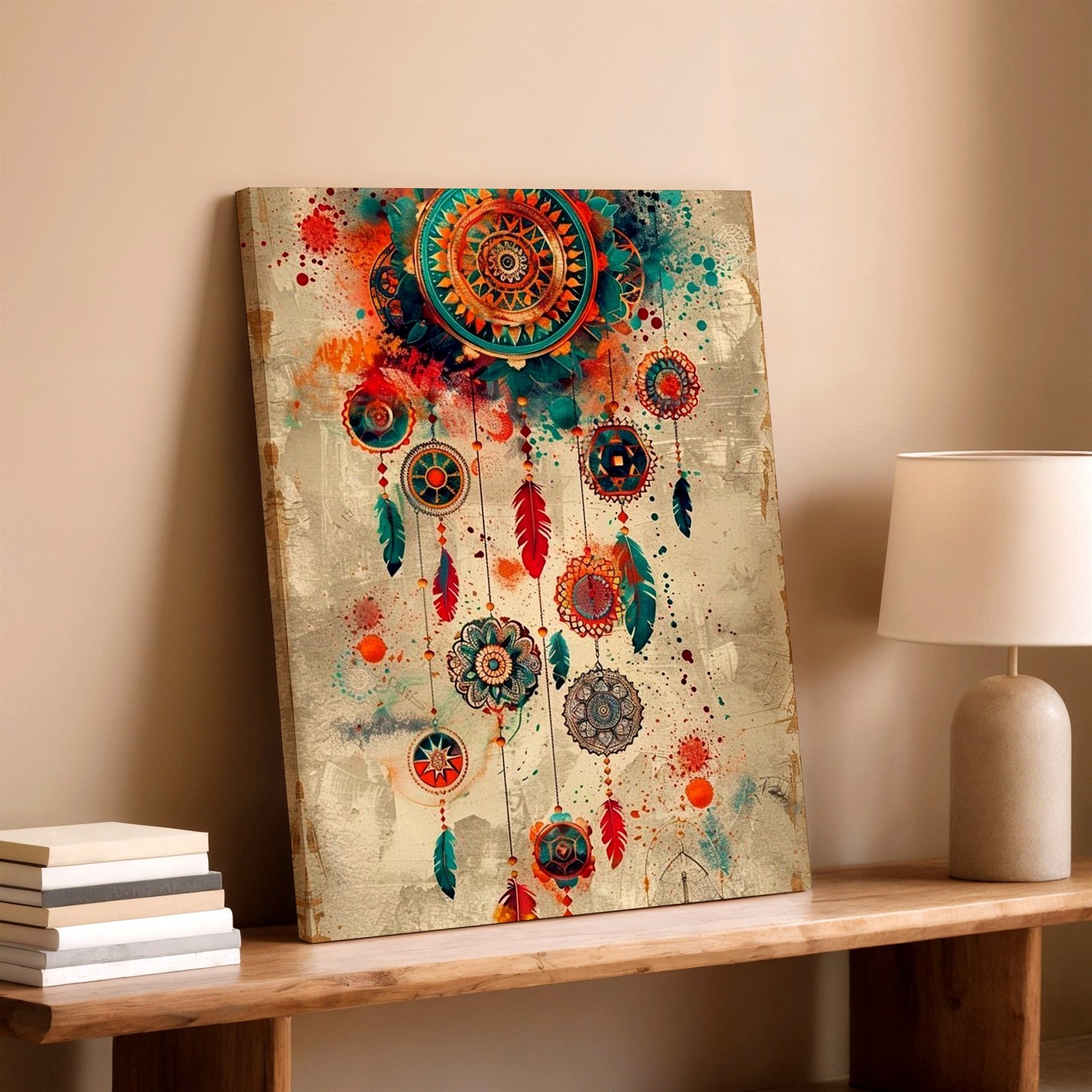 Wall Art Boho Dreamcatcher Feathers Mandala Abstract Colorful Canvas Print Decor