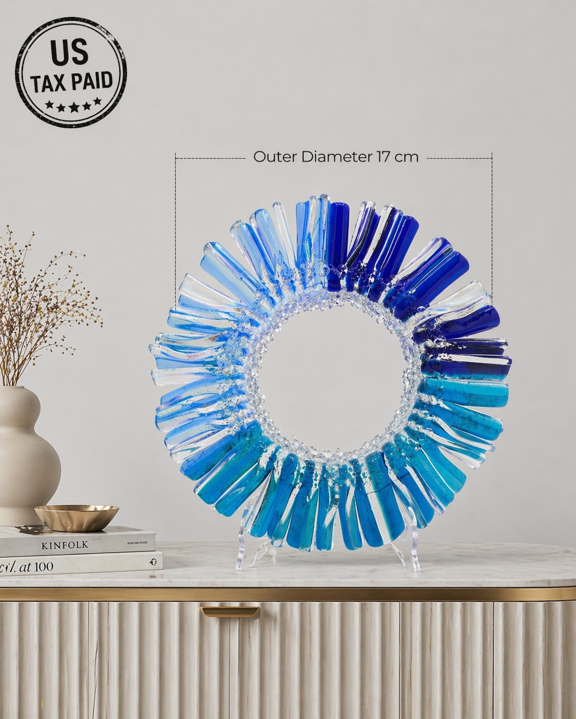 Blue Glass Sculpture 17cm Handmade, Coastal Ocean Decor, Modern Glass Art Ring,
