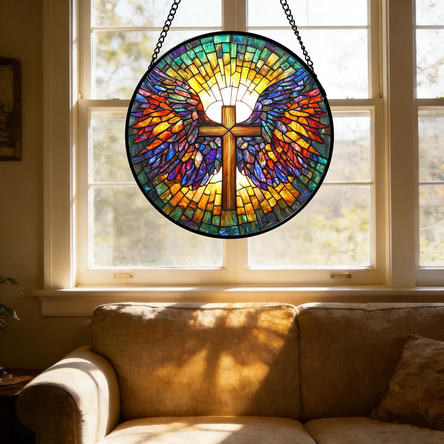 Stained Glass Window Hanging – Jesus Cross Wings Suncatcher Ready to Hang Window