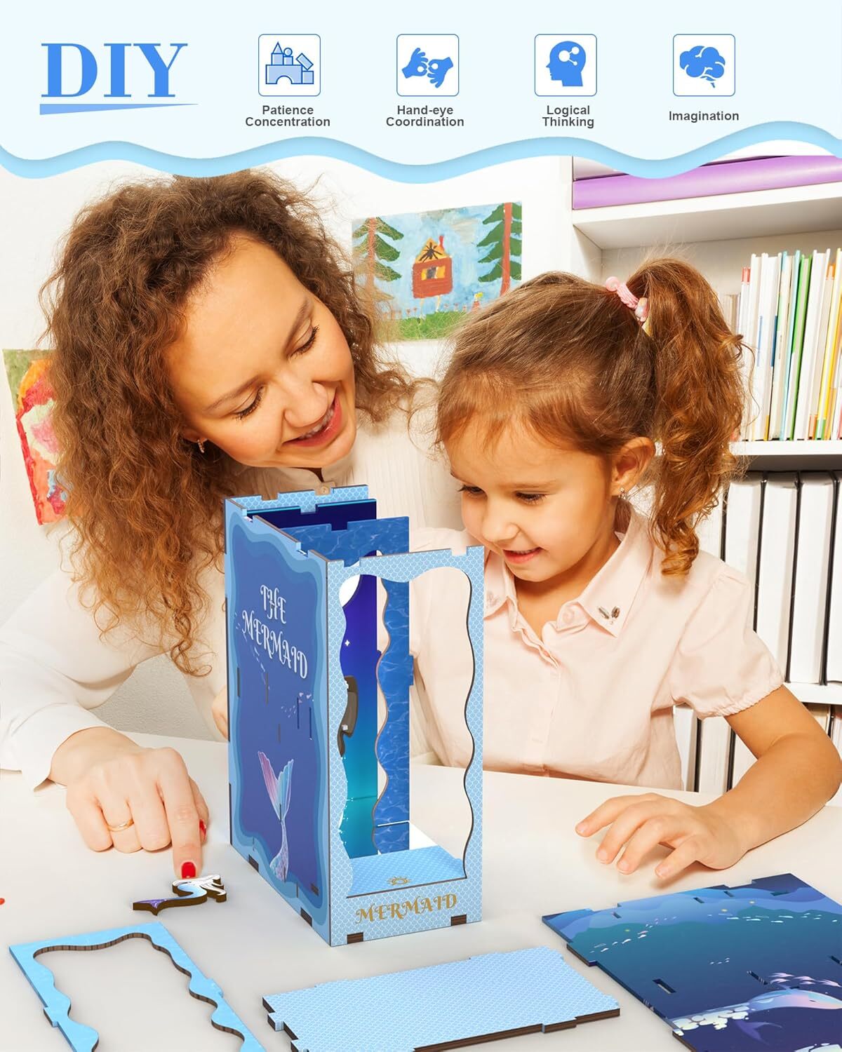 DIY Book Nook Kit for Adults 3D Wooden Puzzle Mermaid Wooden Dollhouse Bookend