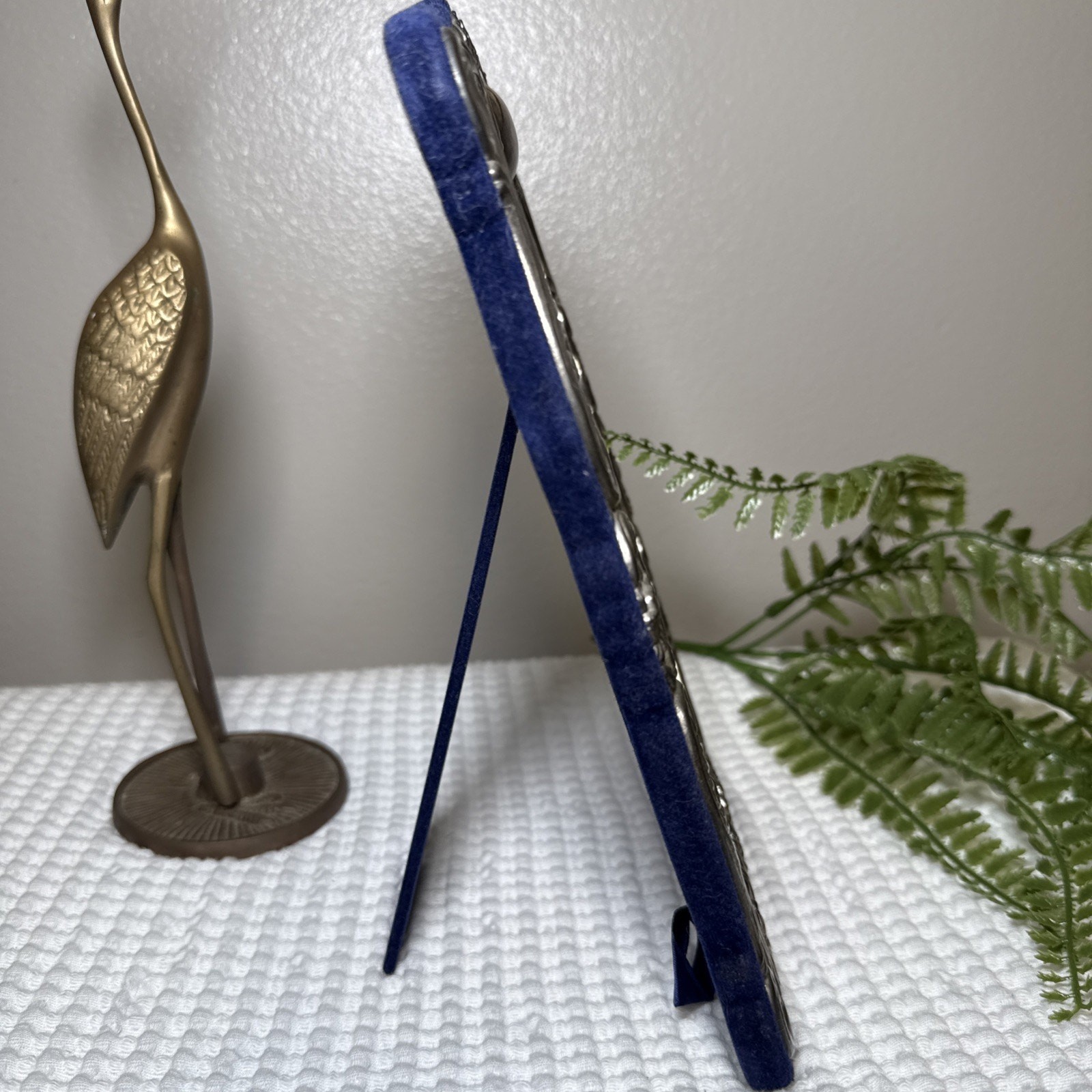 Vtg Ornate Silver Tone Picture Frame Blue Velvet Back Holds 5.5×8 Free Standing