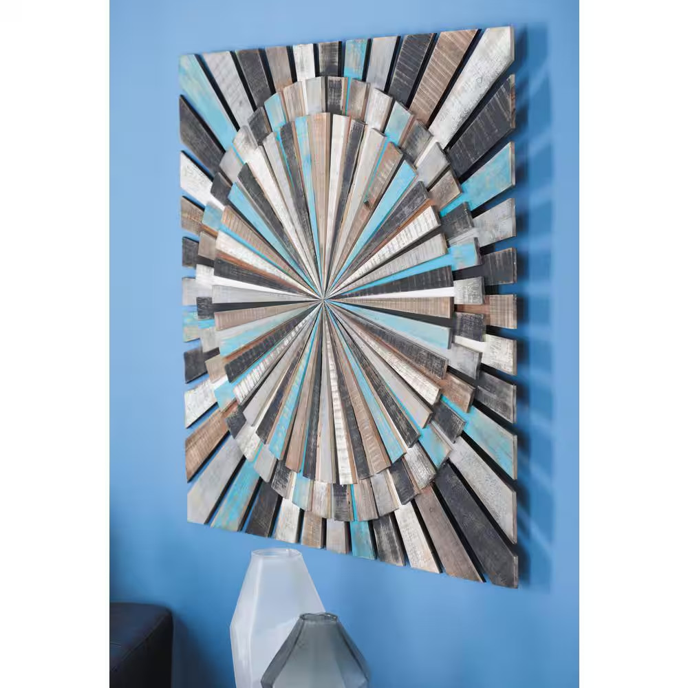 36 In. X 36 In. Wood Multi Colored Handmade Carved Starburst Wall Decor