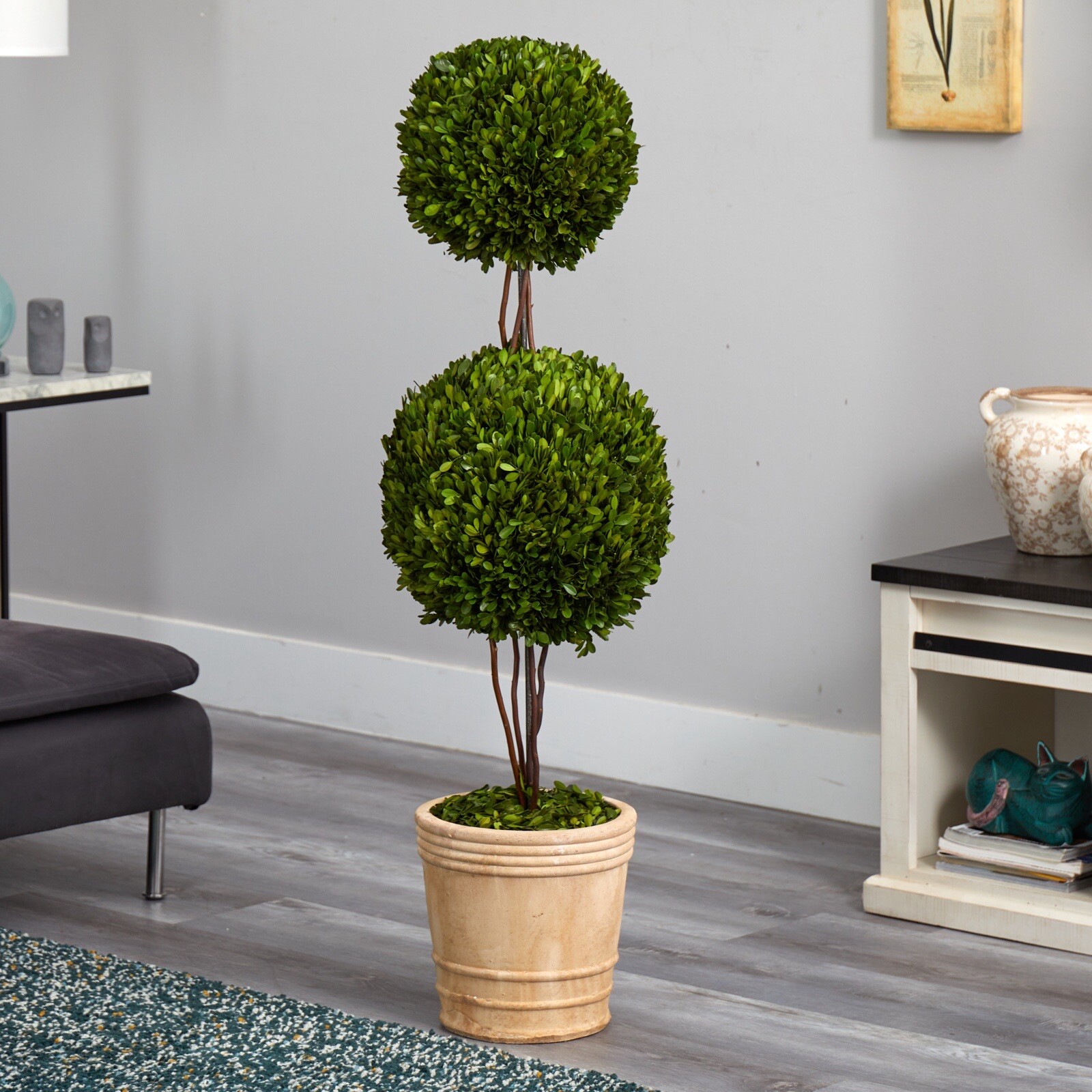 4’ Preserved Boxwood Double Ball Topiary Tree UV Indoor/Outdoor. Retail $403