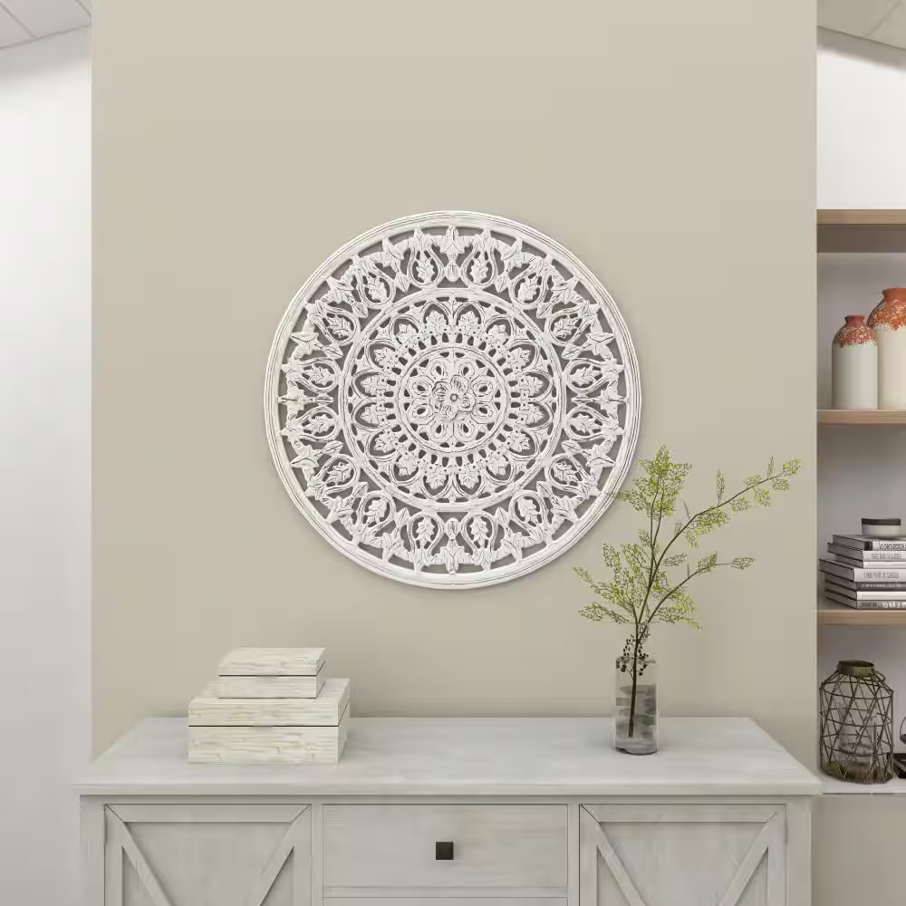 36 In. X 36 In. Wood White Handmade Intricately Carved Floral Wall Decor with Ma