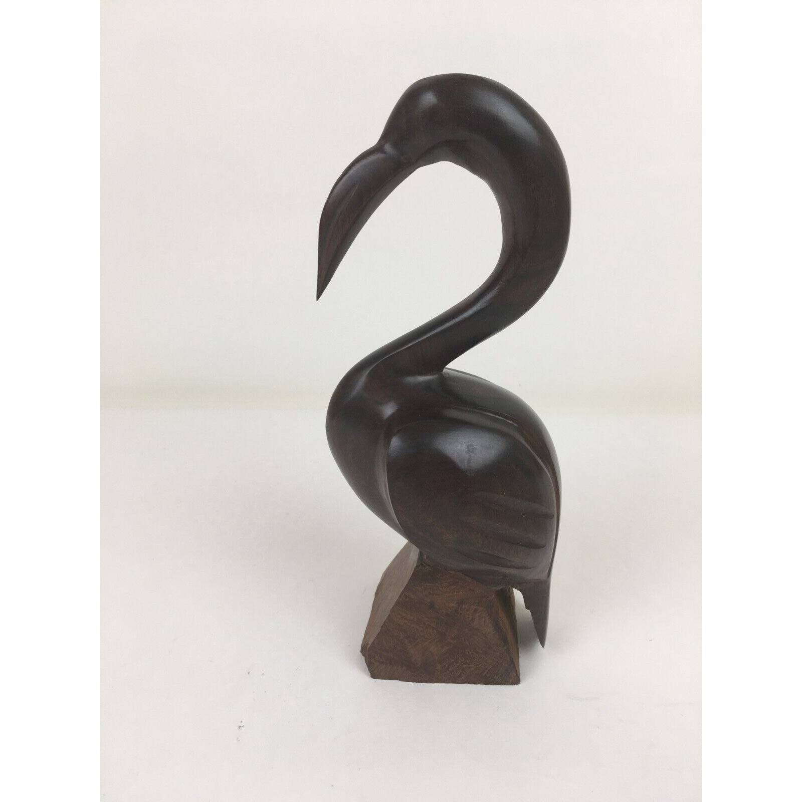 Vintage Hand Carved Wood Heron Egret Water Bird Dark Wood Smooth Finish