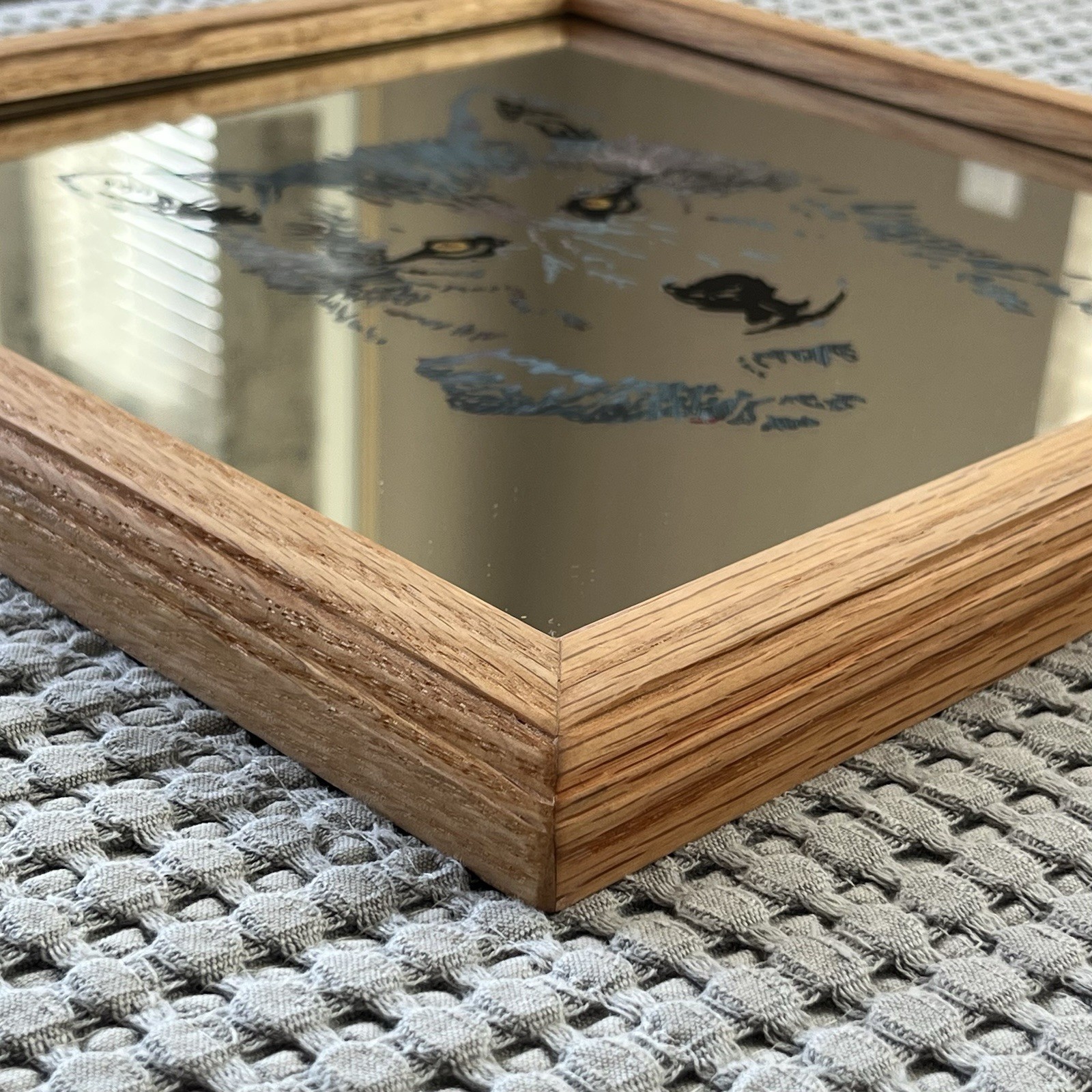 1999 OOAK Wolf Mirror Custom Made Etched & Painted in Wooden Frame 13.5” x 13.5”