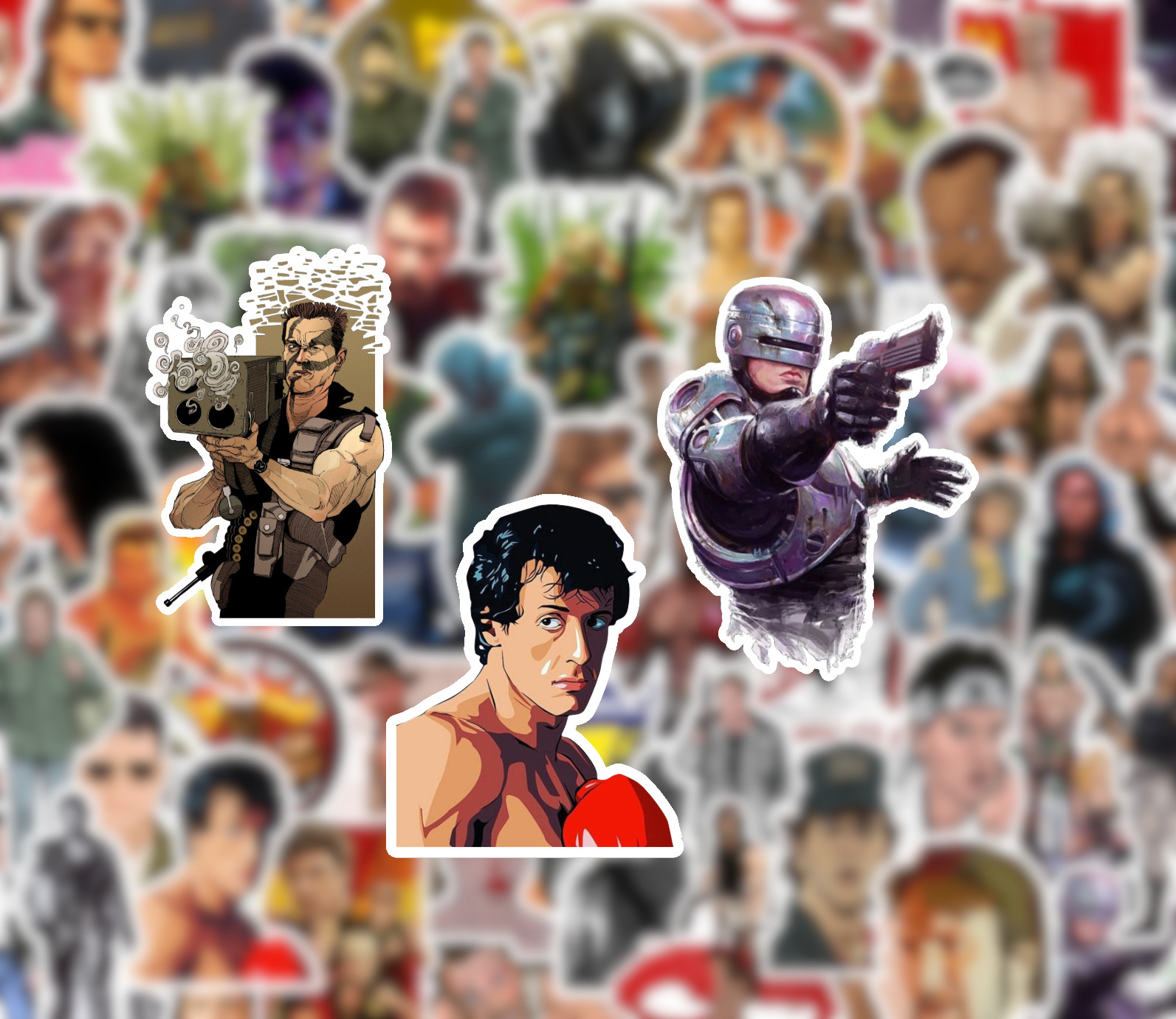 25/50 80’s Action Movie Sticker Pack-Waterproof Vinyl-Terminator Predator Rambo