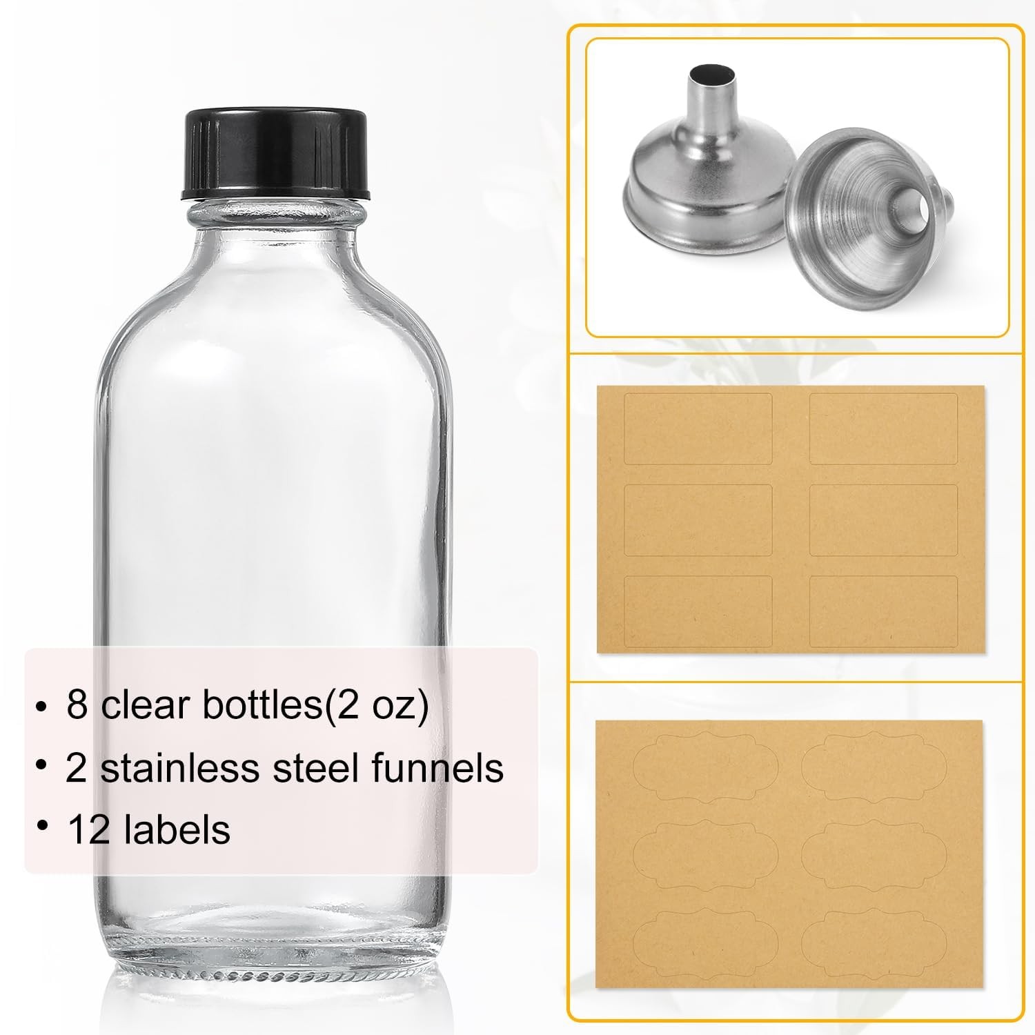 AOZITA 8 Pack, 2 oz Small Clear Glass Bottles w/Lid & 2 Funnels – 2oz,