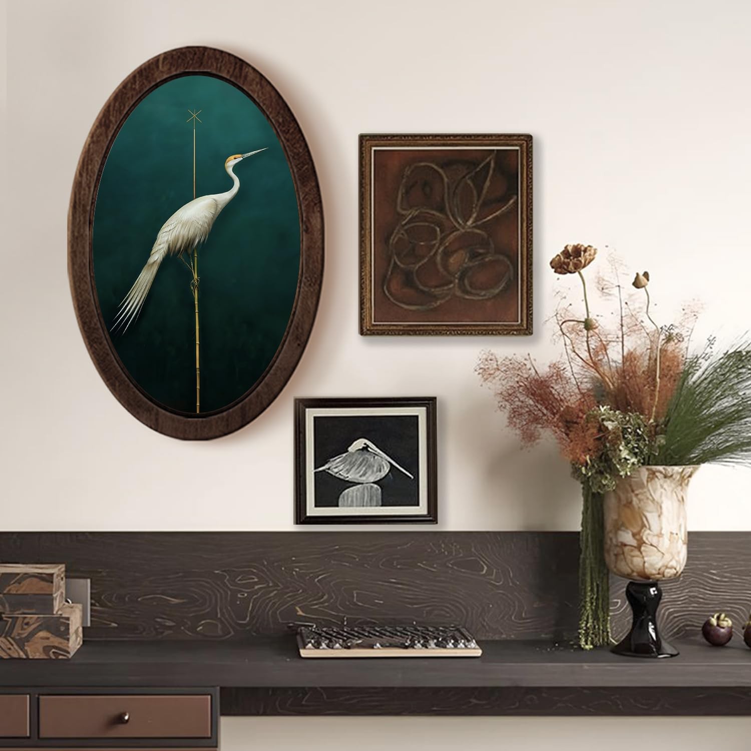 Vintage Japanese Crane Oval Wall Art Decor, Dark Green Japandi Bird Framed Wa…