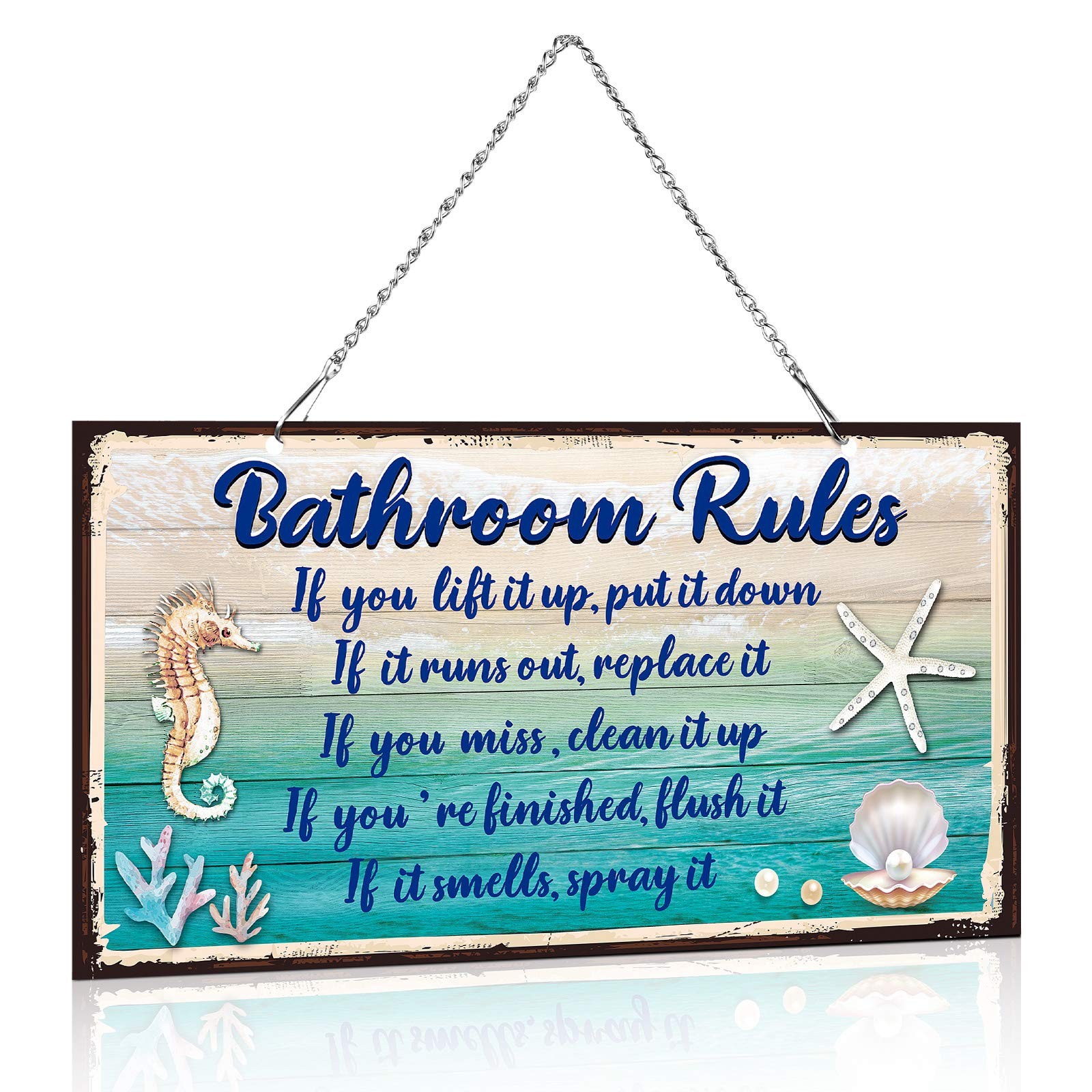 Seashell Bathroom Rules Decor Signs Wall Ocean 12 x 6 Inches, Blue and White