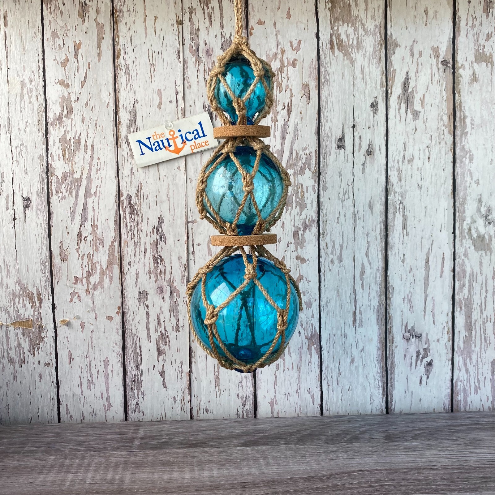 Glass Fishing Floats On Jute Rope – Red, Blue, Aqua, Green – Nautical Wall Decor