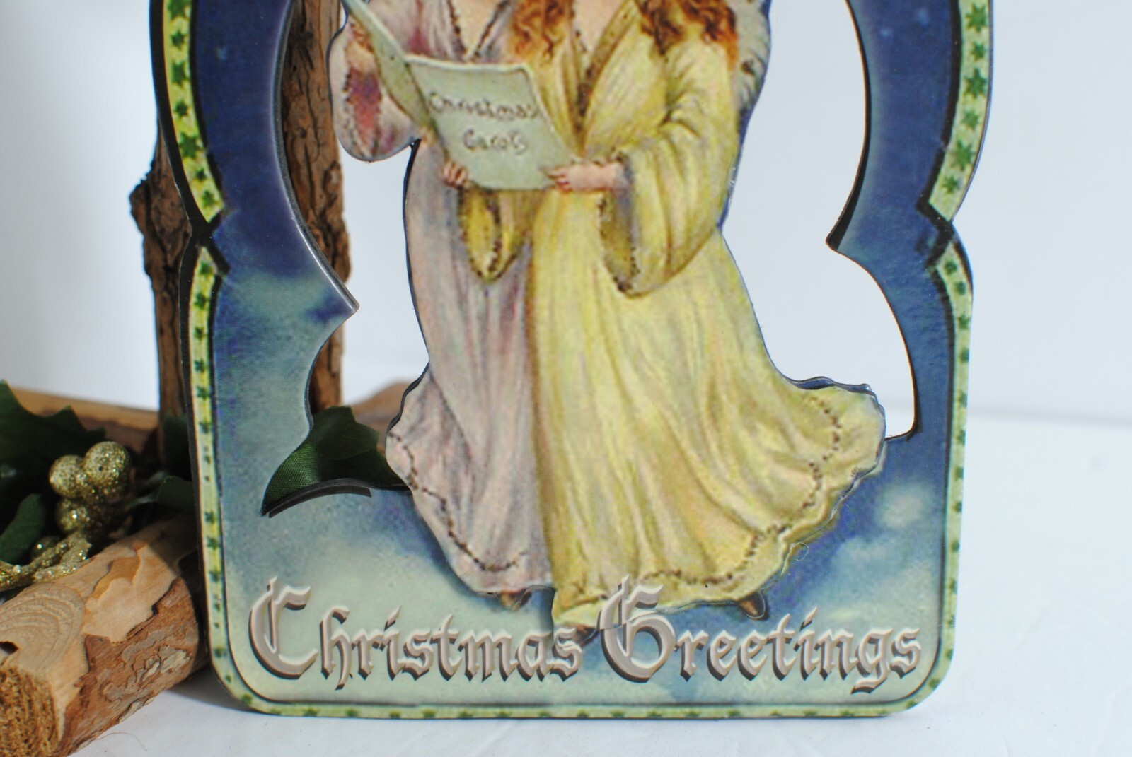 Vintage Santa and Angels Hanging 8in on Ribbon Victorian Christmas Sign Lot of 2