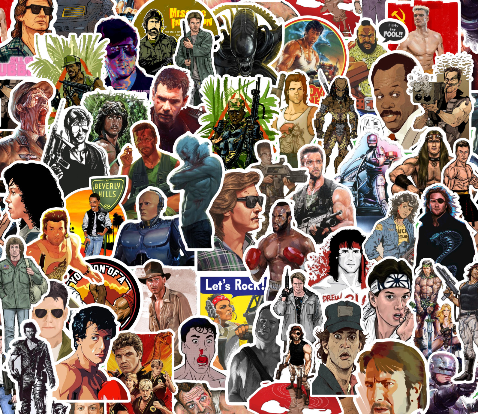 25/50 80’s Action Movie Sticker Pack-Waterproof Vinyl-Terminator Predator Rambo