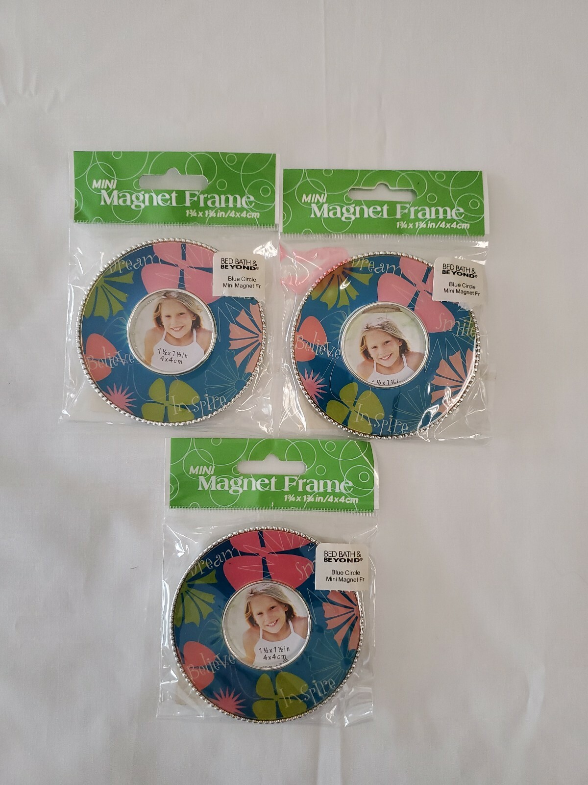 Lot X3 Bed, Bath & Beyond Mini Magnet Frames 1.5″ X 1.5″ Blue Circle BRAND NEW!