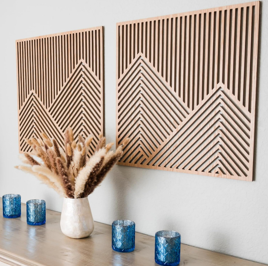 2 Pcs Wood Mountain Wall Art – Modern Wooden Panel Mountain Wall Decor, Decorati