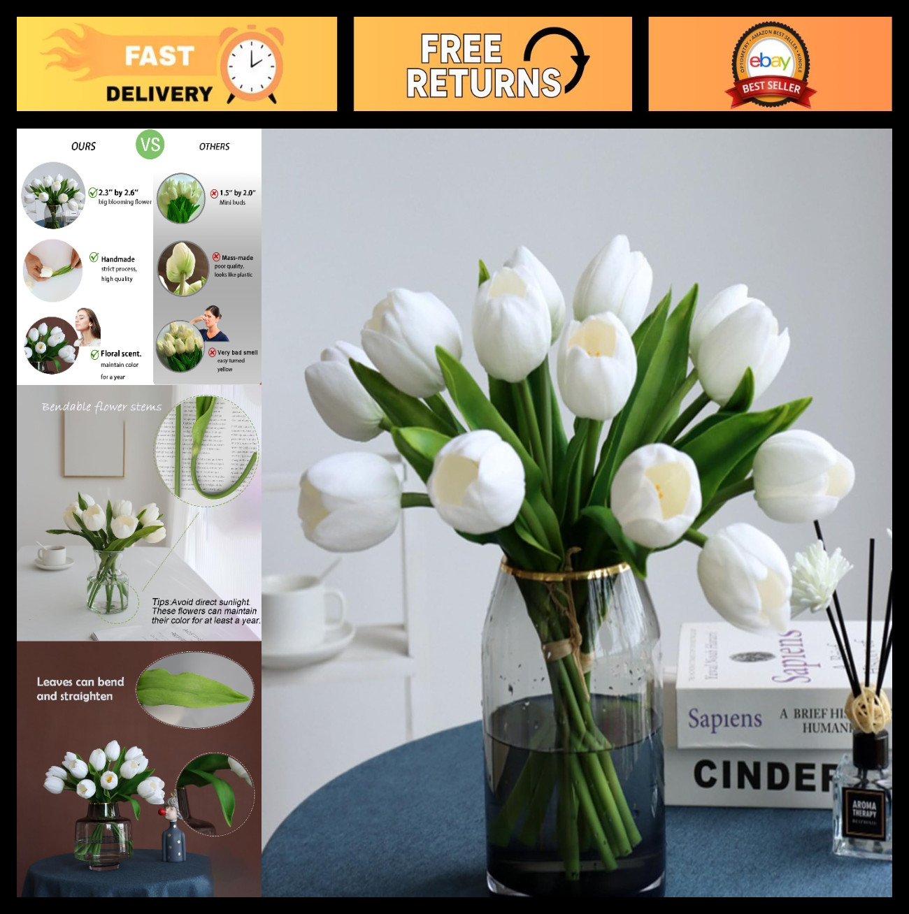 Luxury Artificial White & Green Tulip Flowers – 11pcs for Home, Wedding, Valenti