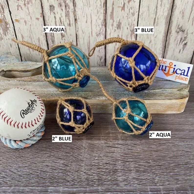 Glass Fishing Floats On Jute Rope – Red, Blue, Aqua, Green – Nautical Wall Decor