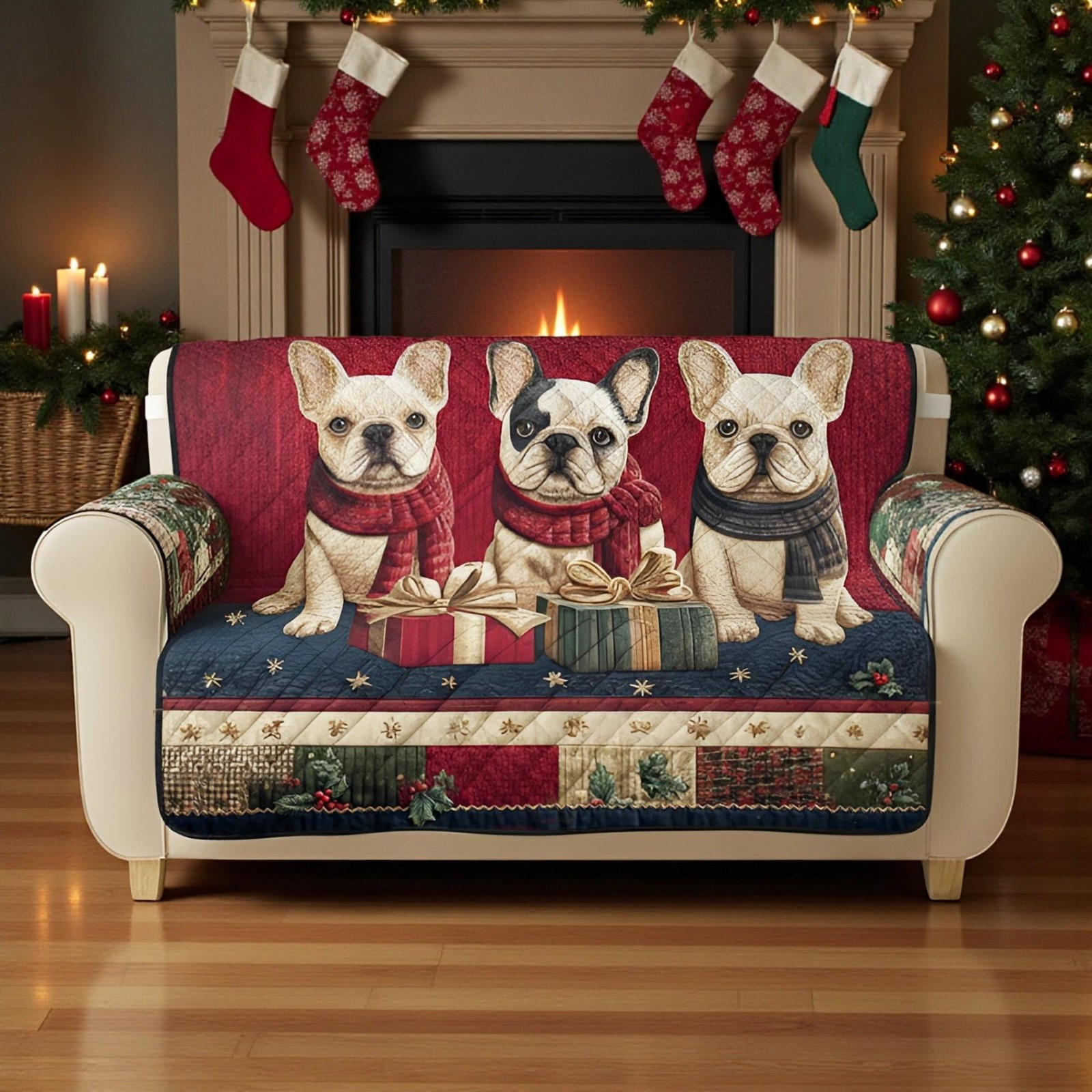 Christmas French Bulldog Sofa Cover Quilted Couch Protector Holiday Pet Decor